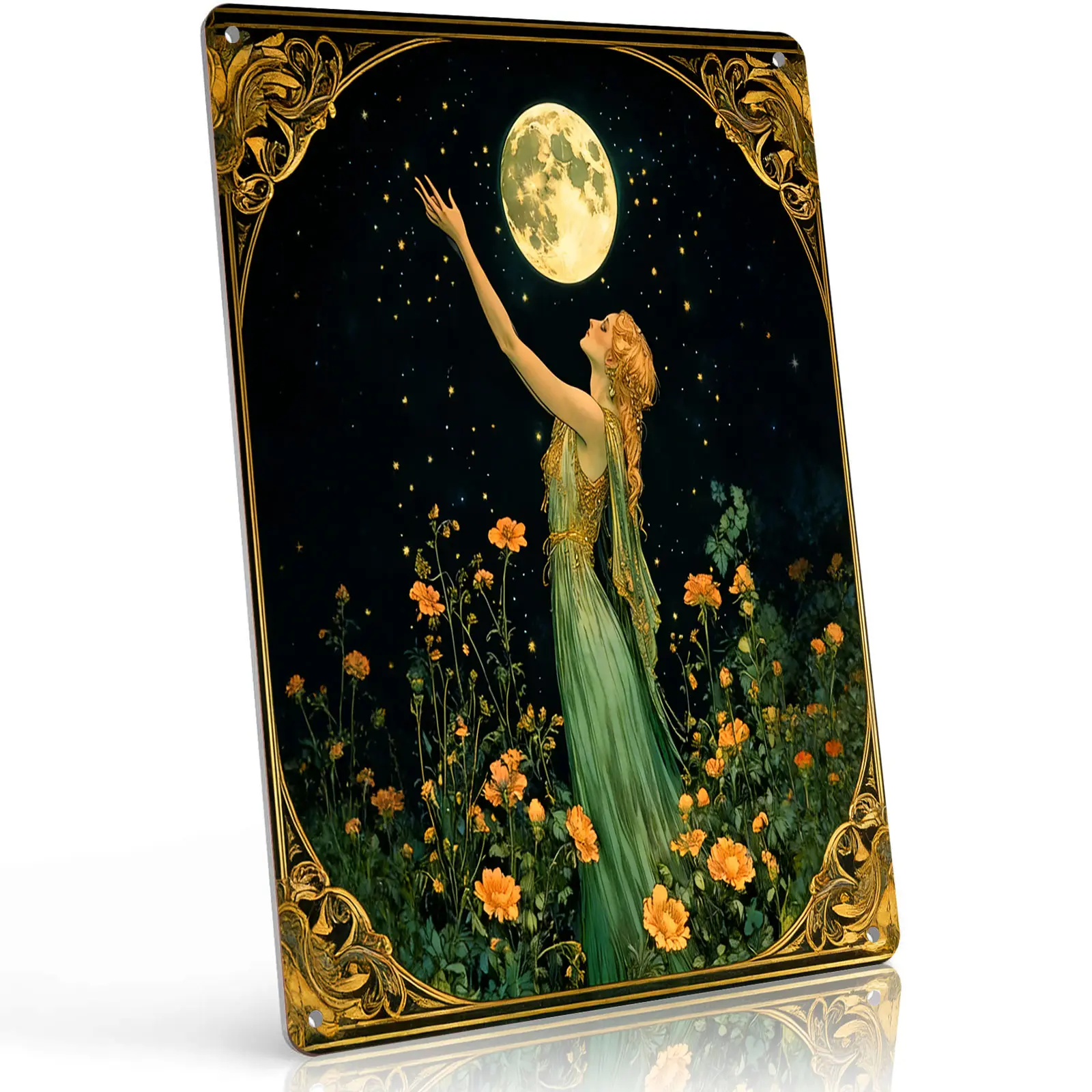 8x12 Vintage Art Nouveau Moon Goddess Aluminum Metal Sign - Floral Celestial Elegant Wall Plaque, Home Decor Items, Vintage Things, Boho Room Accent, Artwork for Bedroom & Gallery Wall, Art Lover Gift