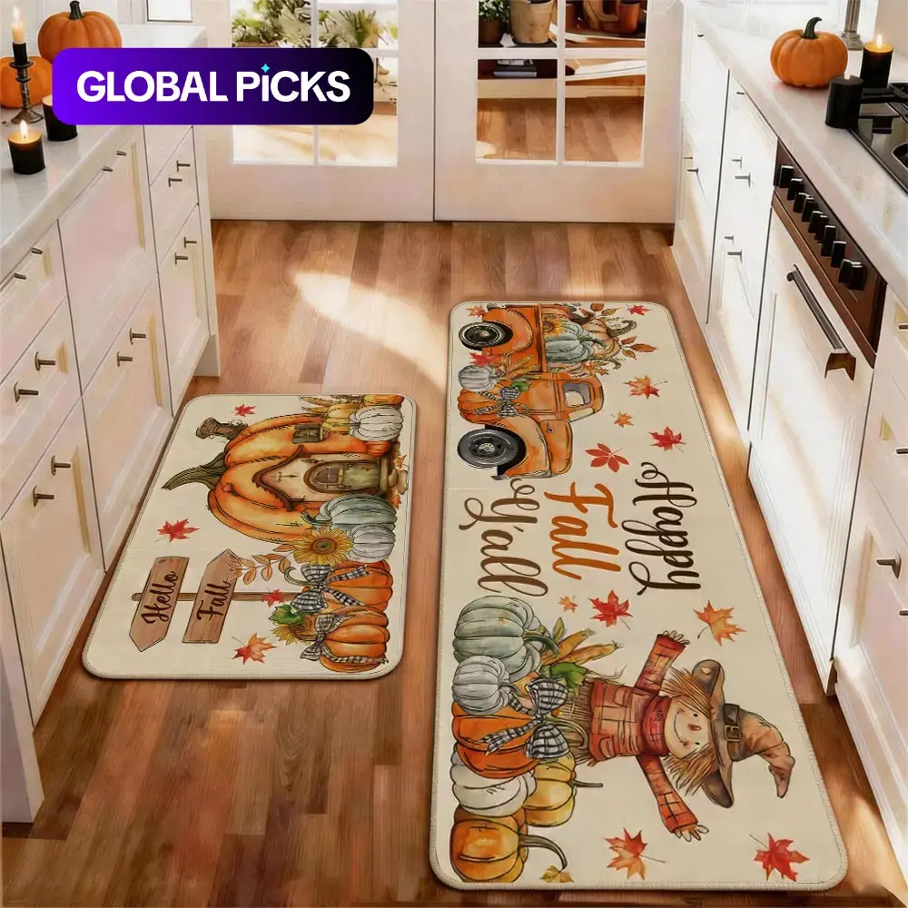 2pcs Thanksgiving Fall Kitchen Mat Gug Set with Pumpkin Maple leaves Pattern, Non-Slip Soft Low Profile,Floor Mat Set Farmhouse Kitchen Rug Dining Room Flooring Laundry Room Decor Carpet Mat, Decorative Rug Mat, Kitchen Rugs Mats #GLOBAL PICKS