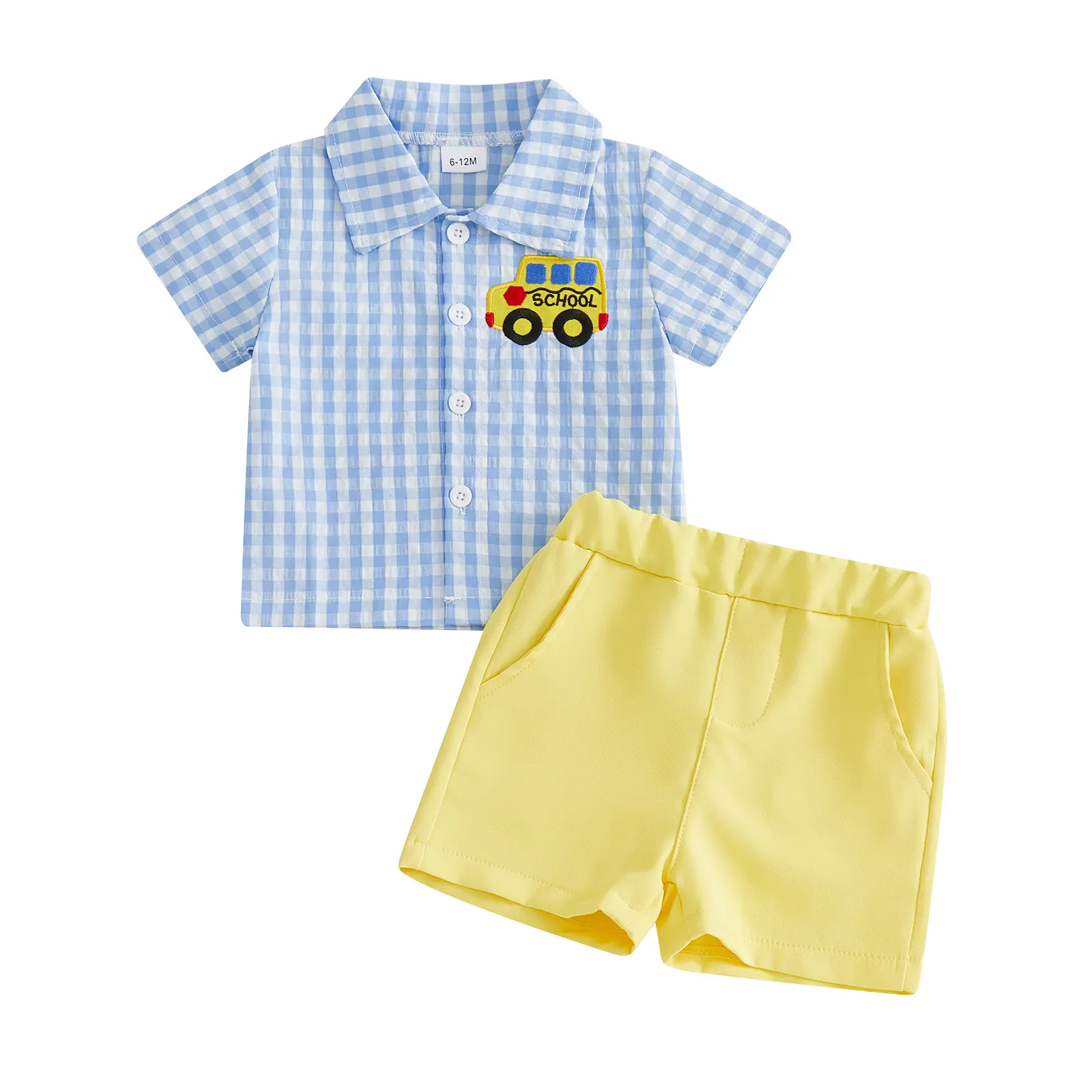 Meihuida Toddler Boy Back to School Outfit Pencil/School Bus Collared Gingham T Shirt and Solid Shorts Set Kids Summer Clothes