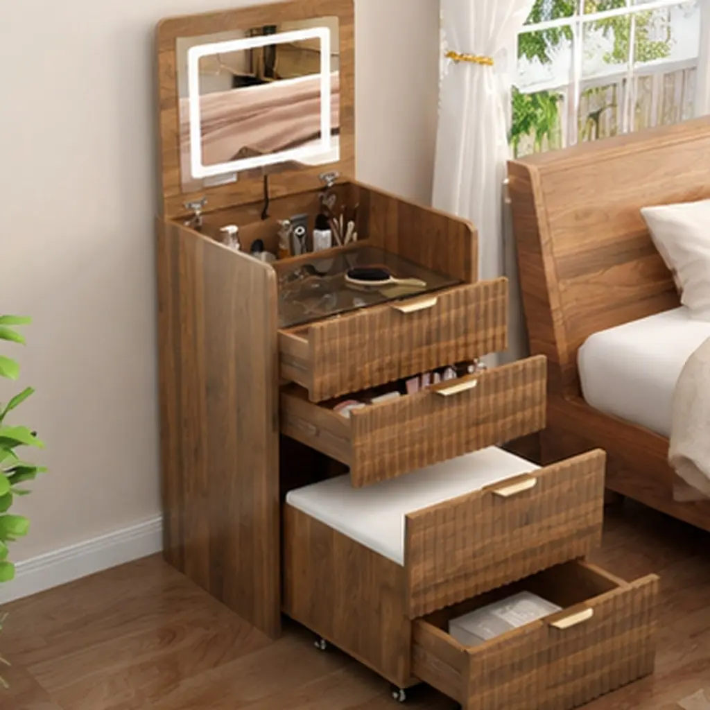 ARCH 3-in-1 Mid-Century Modern Vanity Desk Set - MDF+Glass, Flip-Top Mirror, Lights, Built-in Charging Station, 3 Drawers, Rolling Stool, Compact, Assembly Required, Storage, Walnut, for Bedroom Small Spaces