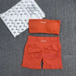 DFYNE Aesthetic 2-Piece Summer Outfit - Ruched Bust Halter Camisole and Ribbed Gym Shorts