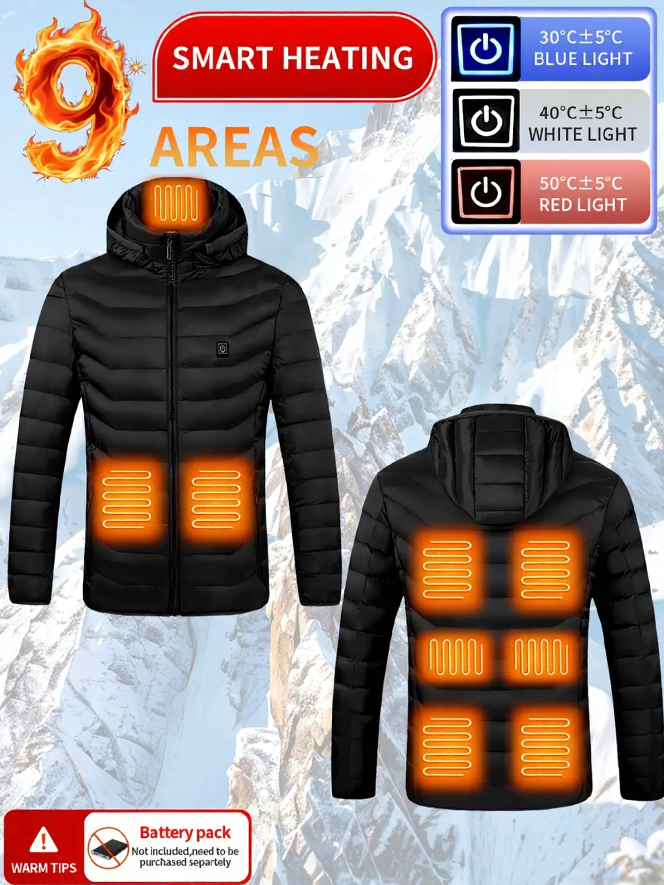 Unisex Heated Jacket with Hat, 9-Zone Heating USB Rechargeable, 3-Temperature Settings, Winter Warm Outerwear for Skiing, Camping