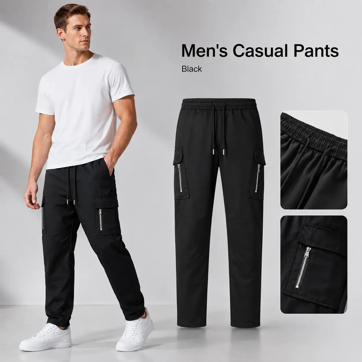 Viral TikTok Men's Multi-Pocket Tactical Cargo Pants Zipper Elastic Drawstring Waist Utility Belt Loops Heavy Duty Work Pants Trendy Urban Streetwear Daily Casual Wear