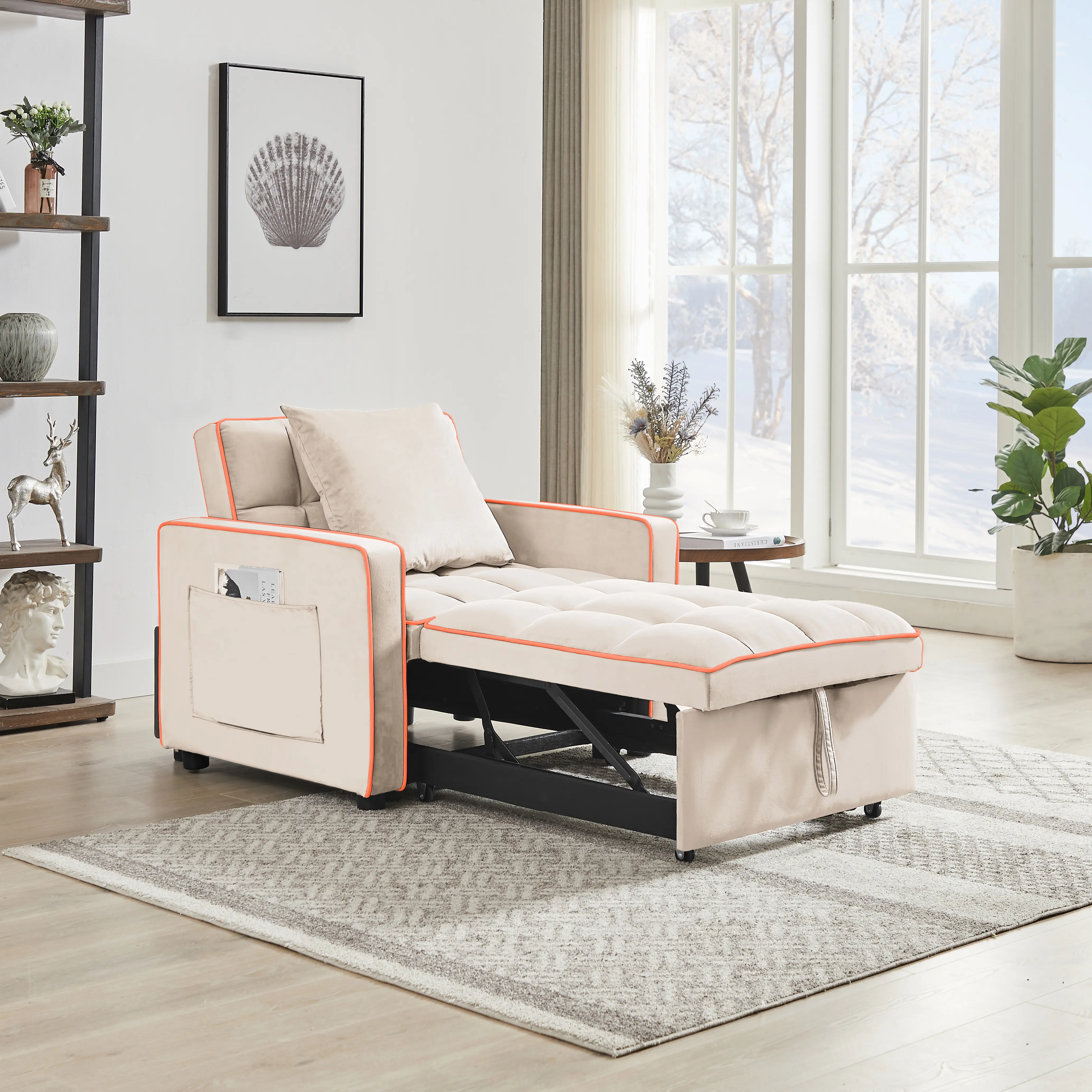 ARCH 3-in-1 Folding Sofa Bed Chair Adjustable Back Recliner Single Bed Adult Modern Convertible Sleeper Berth Creamy White for Living Room Guest Room Small Space, Living Room Furniture for Apartment, Lounge, Family Room, Office and Home Seating