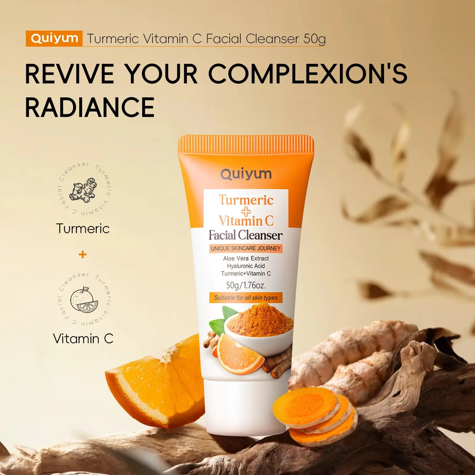 Turmeric Vitamin C Face Wash 50g, Dual Effect Brightening, Aloe & Hyaluronic Acid, Gentle Cleansing, Moisturizing, All Skin Types, Daily Care Essential，Brightening Face Wash with Aloe Vera & Sodium Hyaluronate，Gently Removes Impurities Without Stripping
