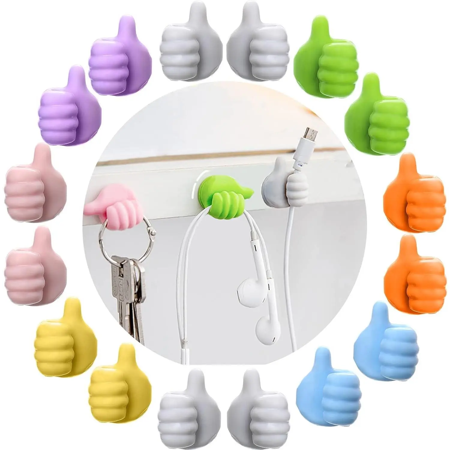 16Pcs Creative Silicone Thumb Wall Hooks Multifunction Adhesive Cable Clips Key Hanger Cable Organizer