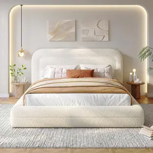 Boucle Bed Frame With Headboard, Upholstered Cloud Bed Frame, Anti-Collision Soft Rounded Corners Platform Bed, No Box Spring Needed, Beige