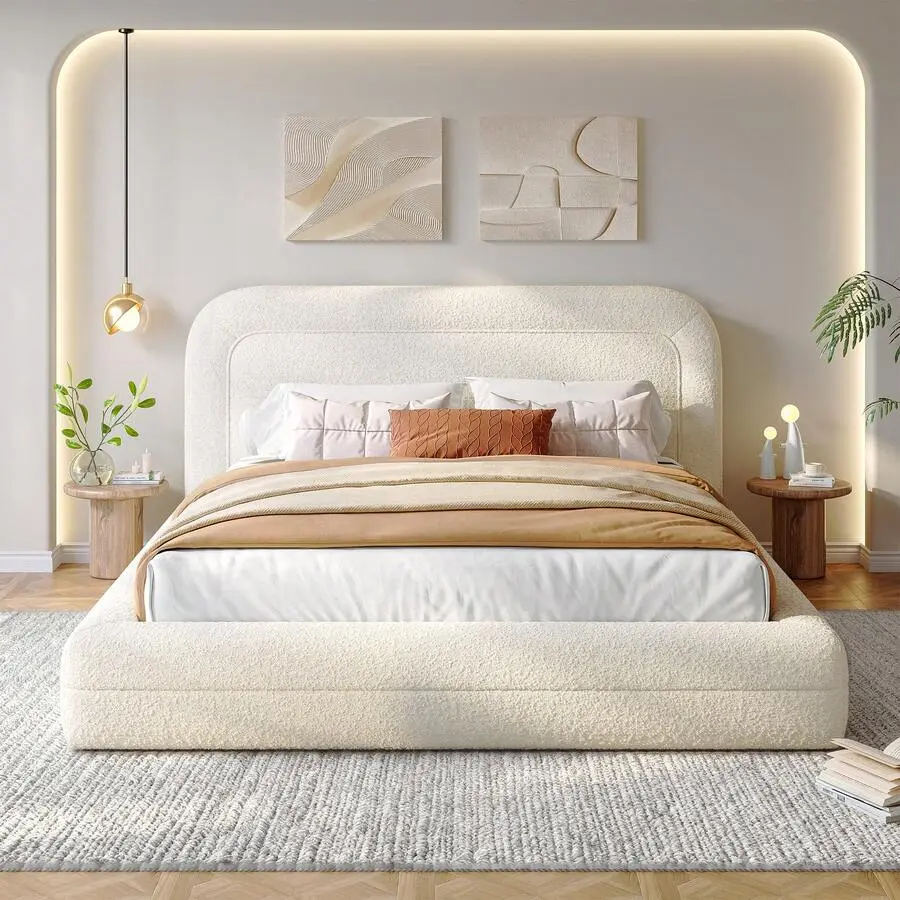 Beige Boucle Upholstered Cloud Platform Bed Frame with Headboard - Modern Bedroom Furniture, Iron Base, Anti-Collide Soft Rounded Corners, Anti-Noise, No Box Spring Needed, Assembly Required, for Adults