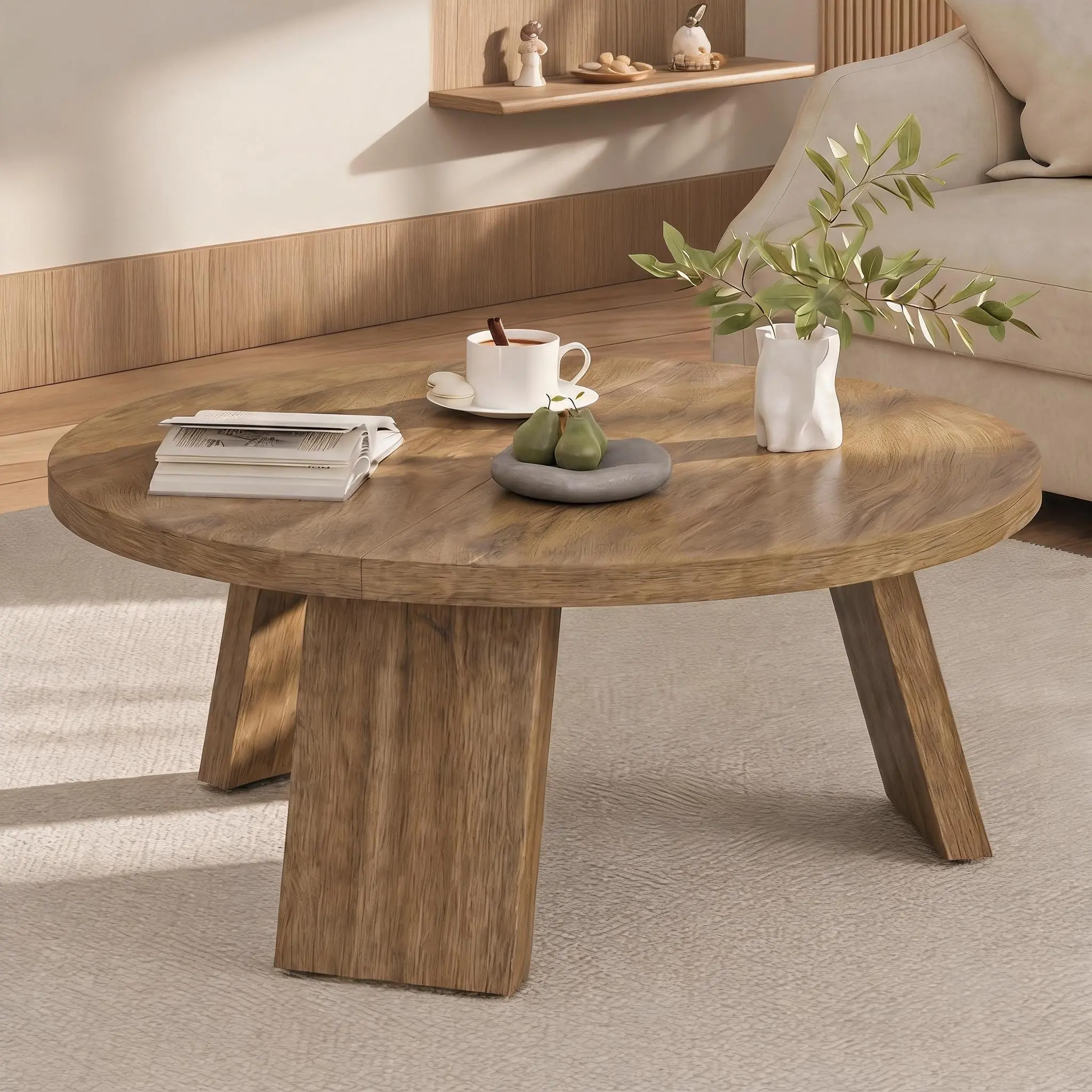 33.5" Round Coffee Table for Living Room, Walnut Brown – Modern Circle Center Table with Inclined Legs for Bedroom & Small Space, Easy Assembly