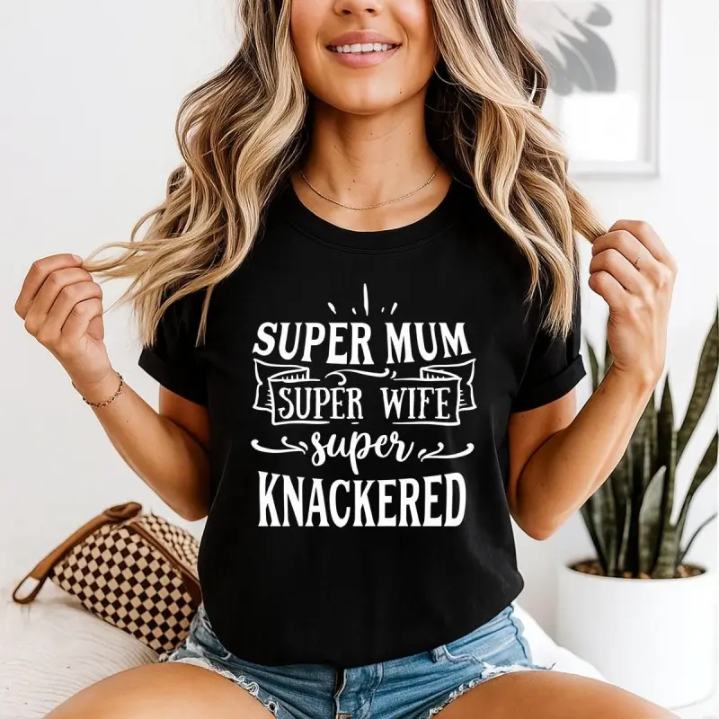 Women's Short-Sleeve Round-Neck Cotton Tee - Super Mum Super Wife Inspirational Graphic Crewneck, Soft Relaxed Fit Breathable Streetwear Top, Ideal Mother’s Day Gift For Her, Shortsleeve