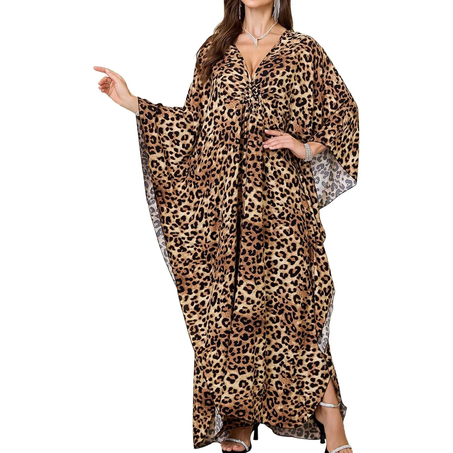 Boho Floral Print Kaftan Dress for Women, Plus Size V-Neck Summer Beach Cover Up with Batwing Sleeves, Boho Floral Dress, Bohemian Style Dresses