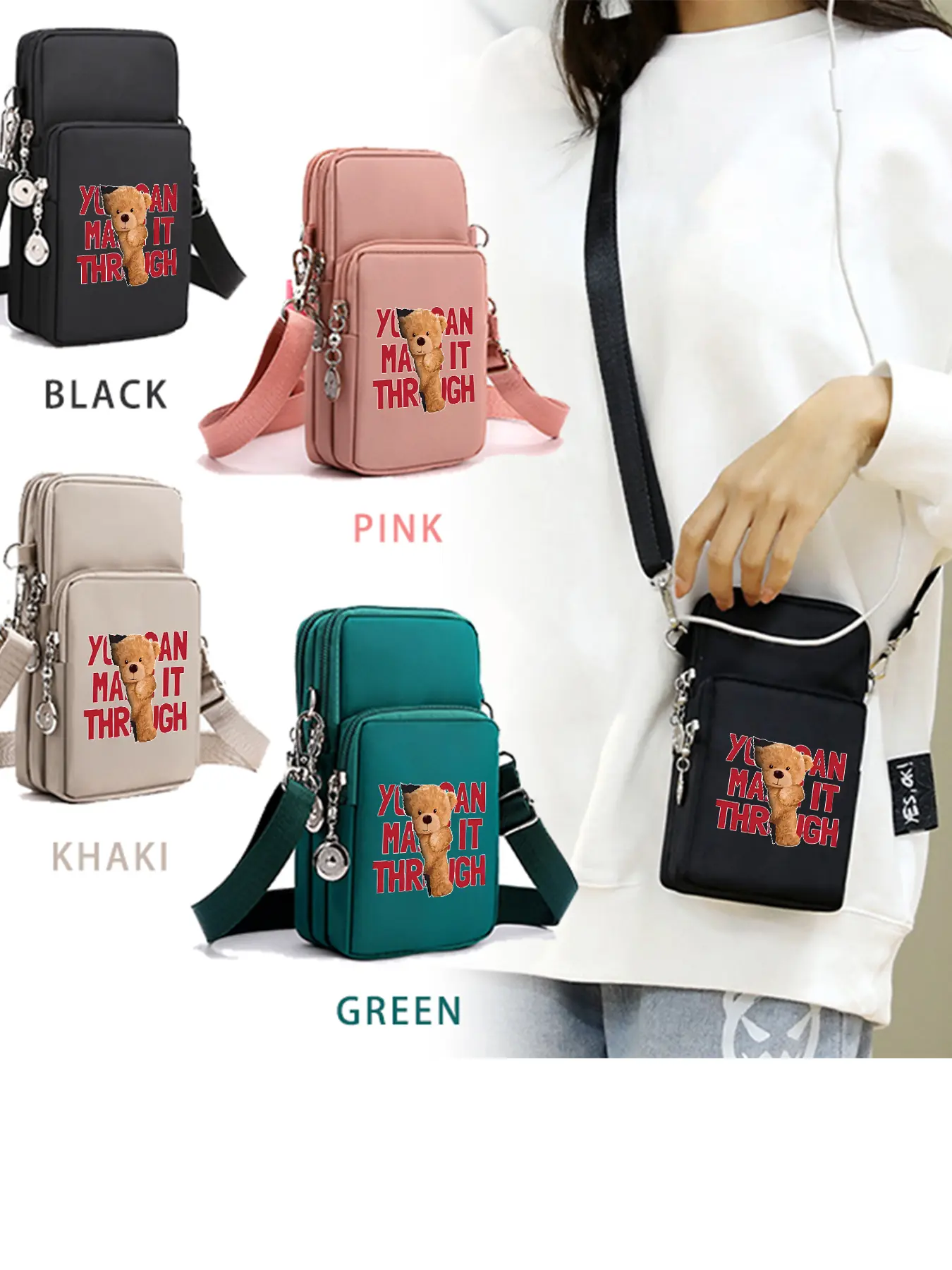 Teddy Bear "YOU CAN MAKE IT THROUGH"Pattern Crossbody Bag, Casual Shoulder Bag, Lightweight Phone Bag with Headphone Jack, Adjustable Shoulder Strap, Multi‑zipper and Multi‑pocket Design, Ideal for Daily Shopping and Commuting, A Perfect Gift.