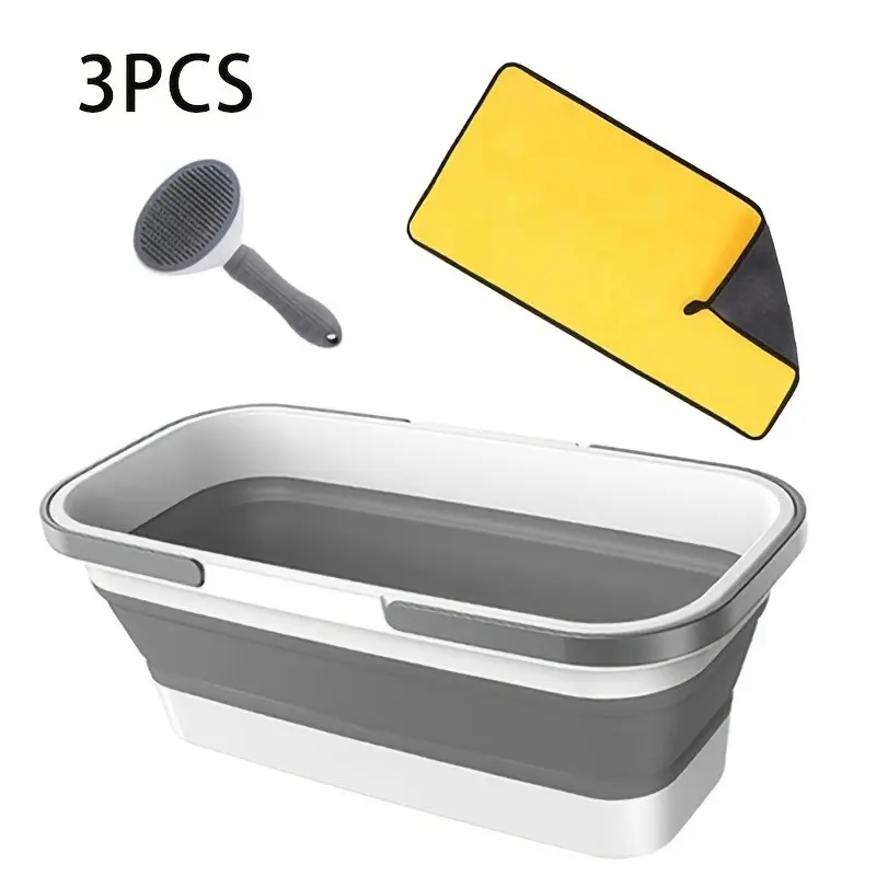 3pcs Dog Grooming Kit with Collapsible Bucket, Deshedding Comb & Quick-Dry Towel Suitable for Home Use, Portable Pet Care Tools for Shedding, Bathing, Travel - for Breeds and Sizes