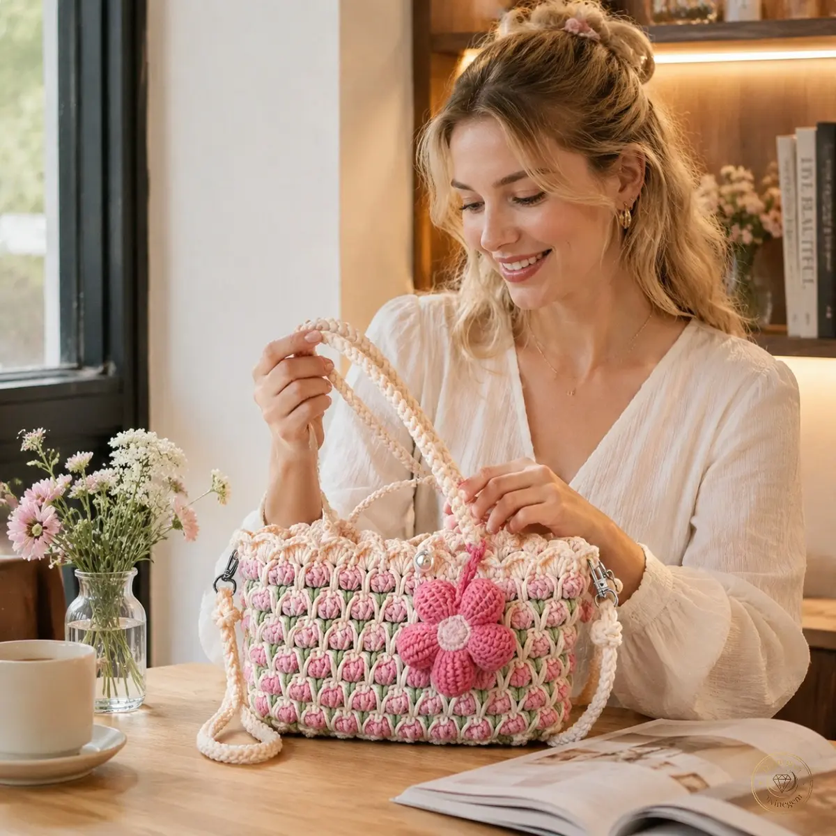 Women's Single-Shoulder Tote Bag - Lightweight Knit Bag with 3D Tulip Weave Floral Design, Detachable Embellishment, Adjustable Dual-Purpose Strap, Snap Fastener, 2 Sizes for Outdoor Picnics, Daily Commuting, Two Sizes
