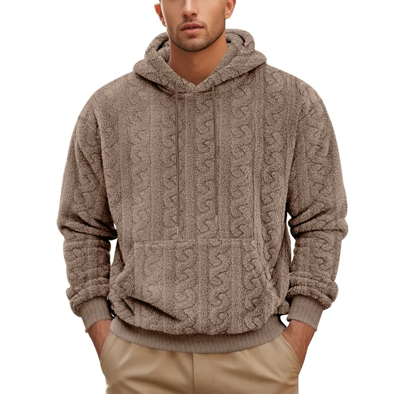 Men'S Streetwear Oversized Jacquard Teddy Fleece Hoodie Relaxed Fit Long Sleeve Sports Casual Top Fall Winter