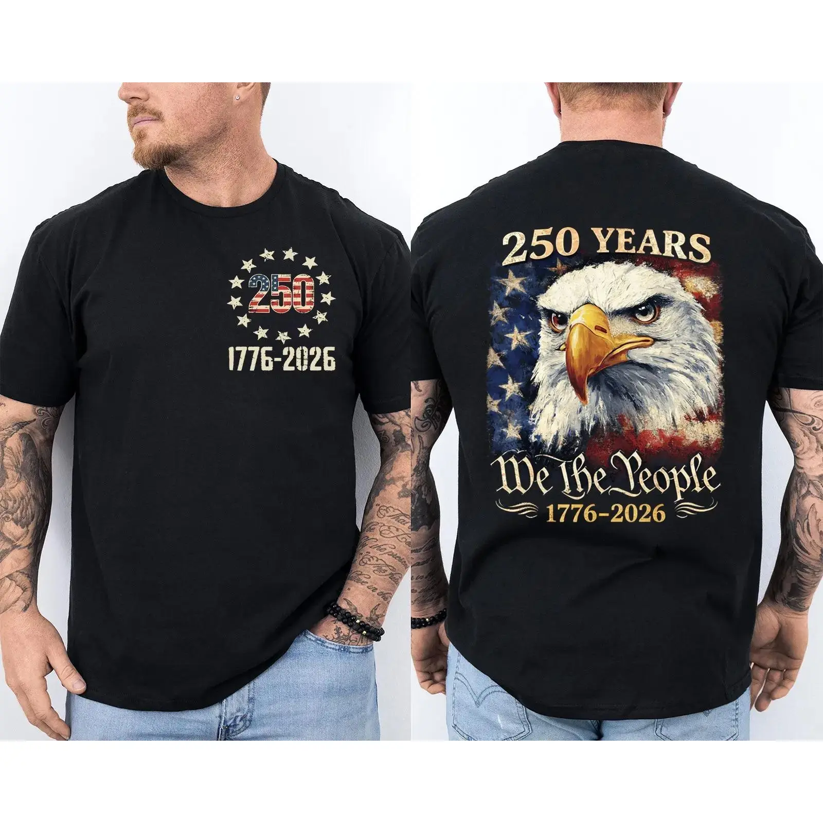 100% Cotton 250 Years America Patriotic USA Flag 250th Anniversary 1776 2026 2 Sided T-Shirt vintage t