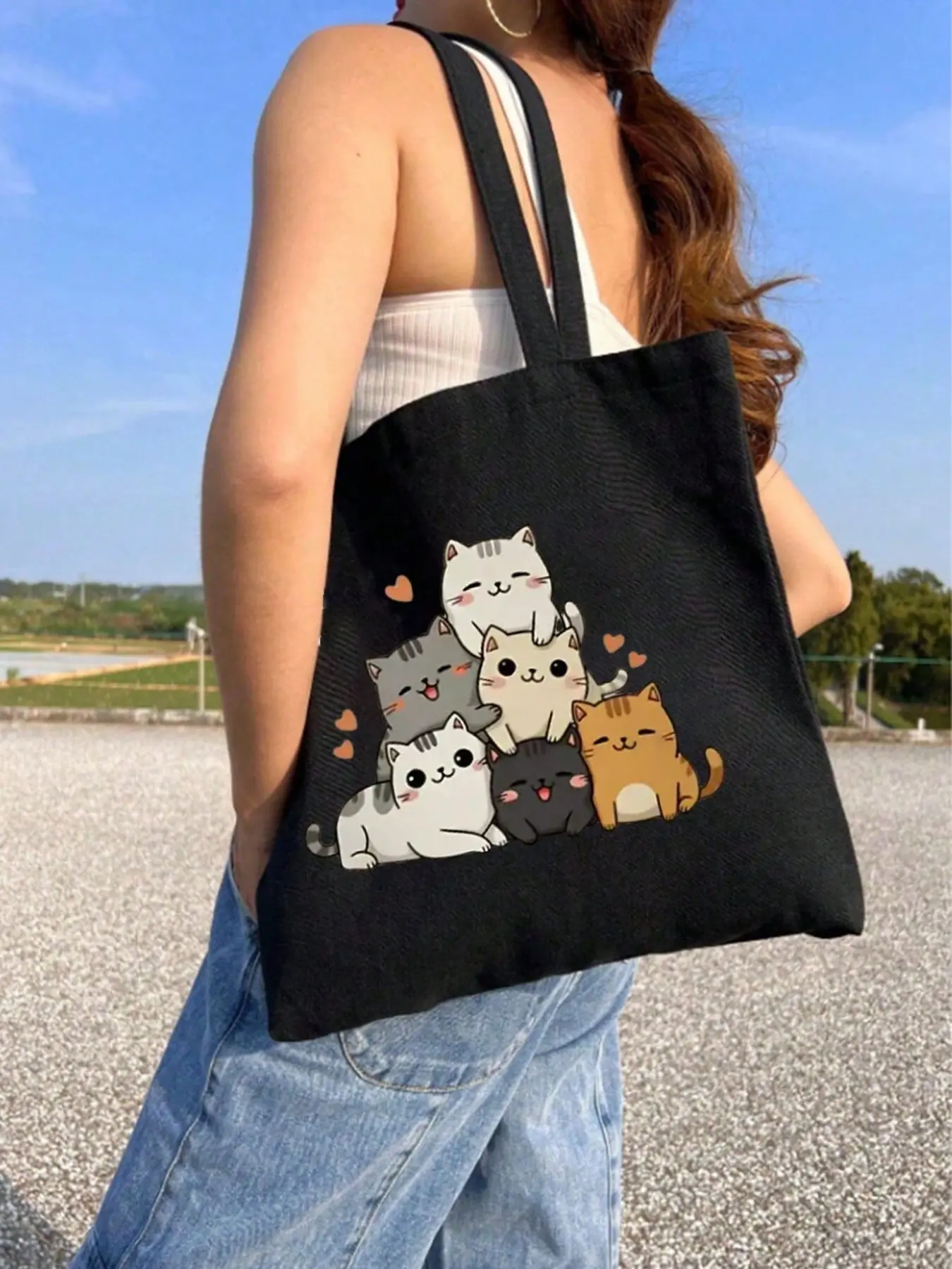 Cute Cartoon Cat Pattern Shoulder Bag, Lightweight Travel Handbag, Multifunctional Backpack, Reusable Gift Bag, Perfect for Birthdays and Teachers' Day