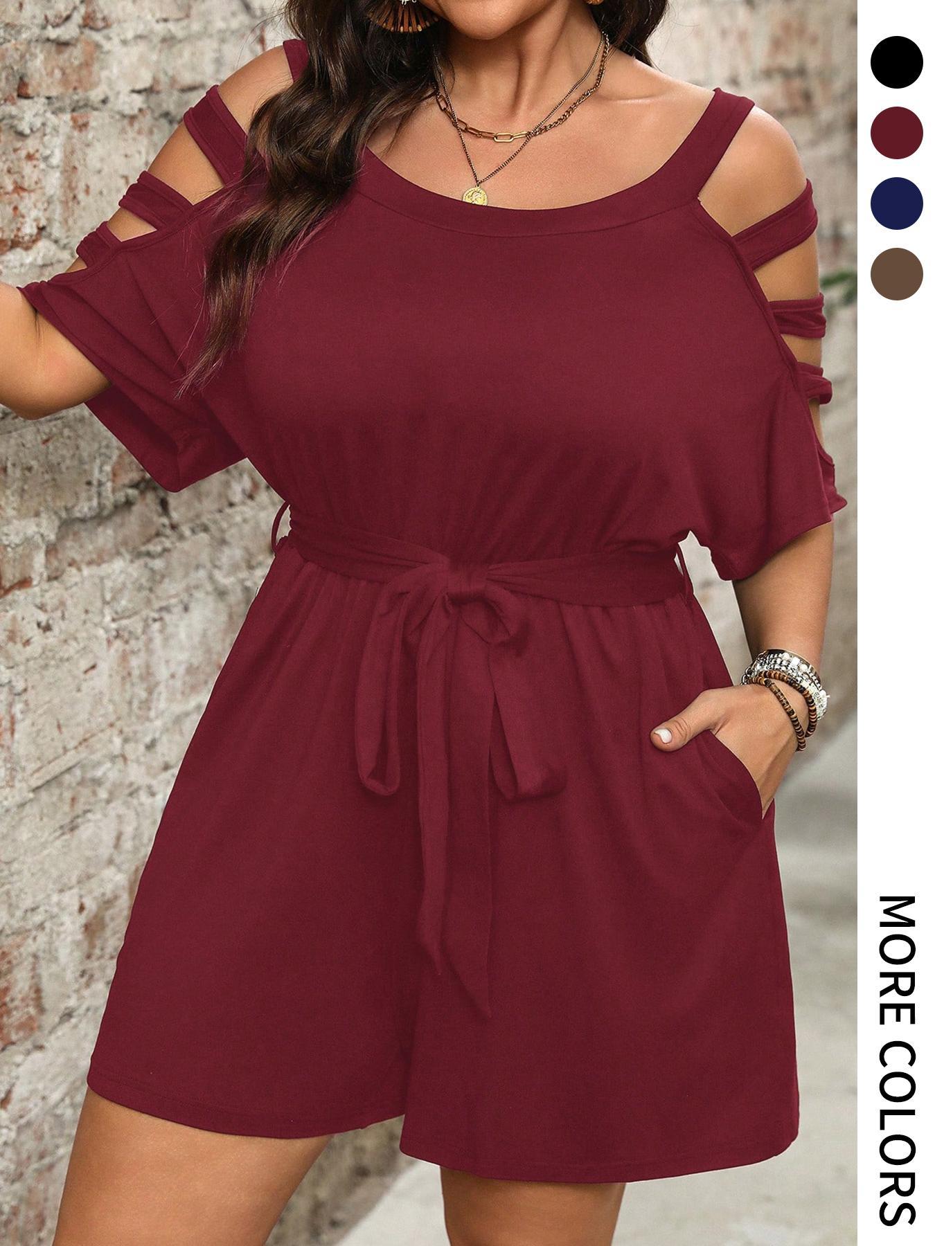 【Plus Size】 Solid Color Basic Romper, Casual Pocket Romper for Summer, Women's Clothes for Daily Wear