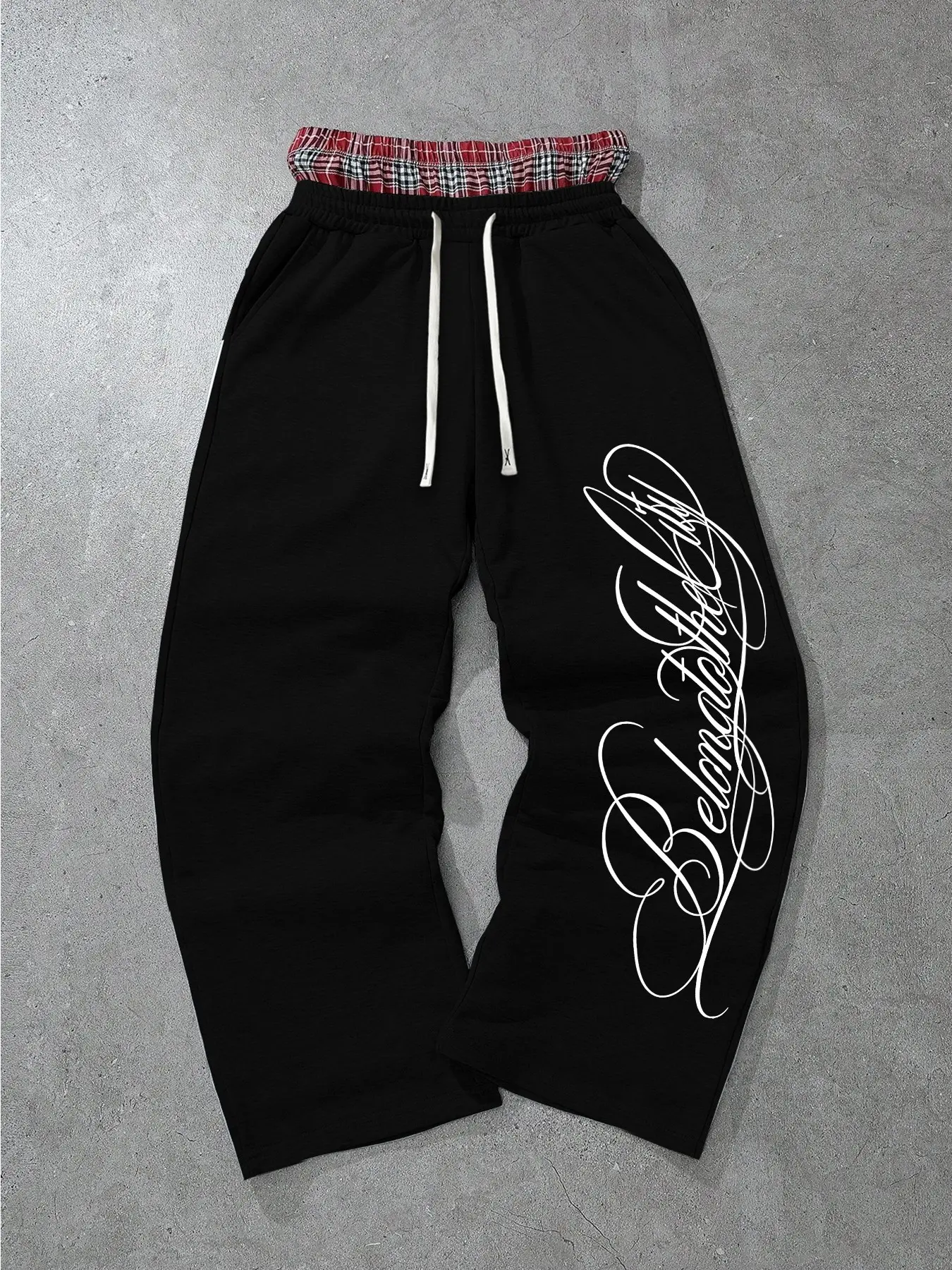 Red Plaid Double Waist Baggy Knitted Sweatpants Vintage Cursive Letter Print Wide Leg Hip Hop Streetwear Loose Casual Sports Trousers For Street Dance Daily Outfit