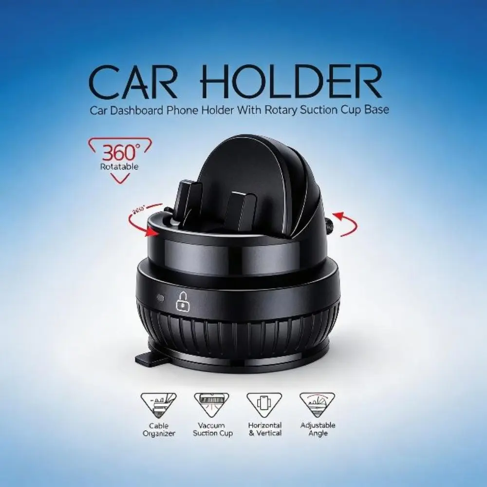 360° Rotating Car Phone Holder, Dashboard Suction Cup Phone Mount with 25° Up/Down Tilt, Portrait & Landscape Adjustable Phone Stand for iPhone and Android
