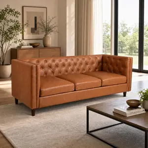 Mid-Century Modern Leather Sofa - 81" Deep Seat Chesterfield 3-Seater Couch - Handmade Button Tufting, Stylish and Comfortable Wooden Armrests for Living Room, Apartment, or Office