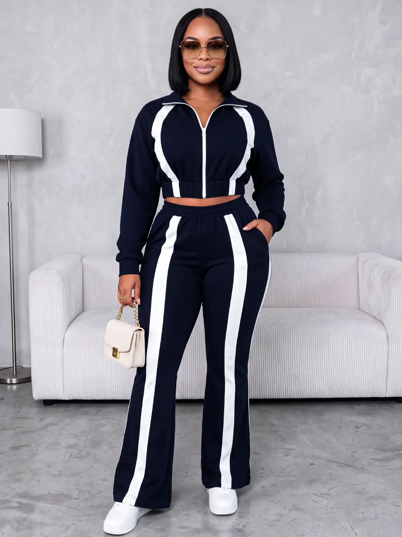 Women’s Fall New Color Block 2 Piece Tracksuit, Cropped Zip Up Jacket & High Waist Flare Pants with Contrast Stripes, Sporty Casual Matching Set for Travel, Airport Outfit & Everyday Wear, Long Sleeve, Womenswear