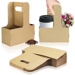 2 Cup Disposable Drink Carrier with Handle for Delivery, 15 Count Kraft Paperboard Cup Holder for Hot or Cold Drinks, Coffee Food Delivery Take Out (Brown)