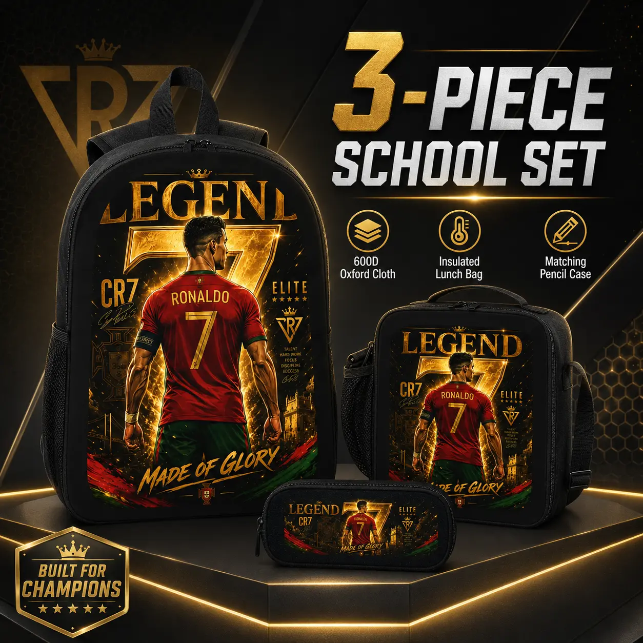 3 Piece Soccer Backpack Set for Boys Girls Teens, No.7 Legend Graphic School Backpack with Insulated Lunch Bag and Pencil Case, 600D Oxford Cloth Bookbag Set with Padded Straps, Side Pockets for School Travel