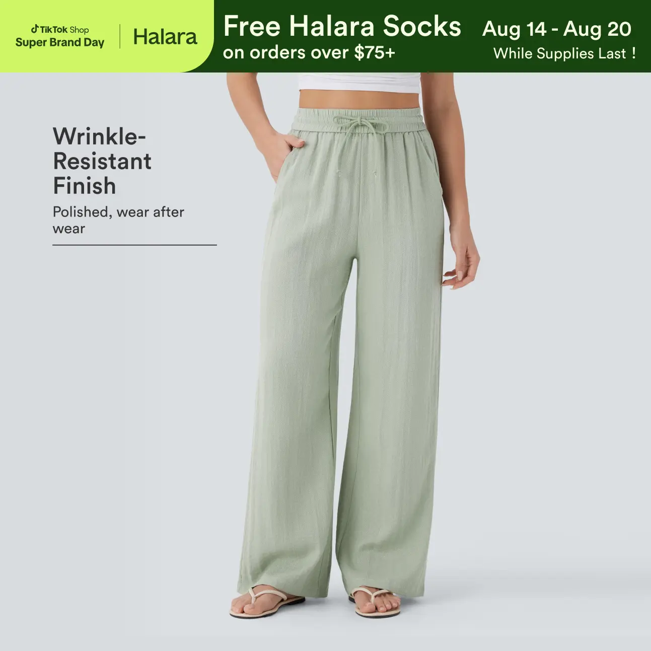 【Creator’s Pick】Halara High Waisted Drawstring Pocket Wide Leg Baggy Casual Linen-Feel Pants