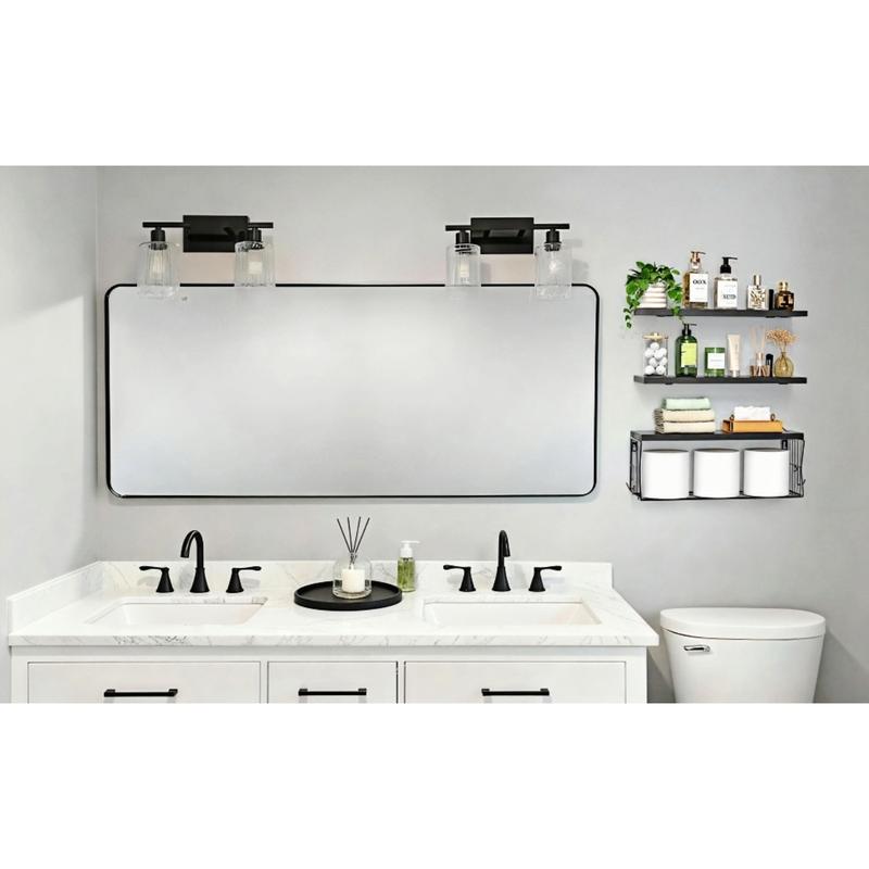 Floating Bathroom Shelves Wall Mounted, Set of 3 Wooden Shelves with Metal Basket, Over Toilet Storage Organizer for Bathroom, Apartment, RV, Powder Room, Black