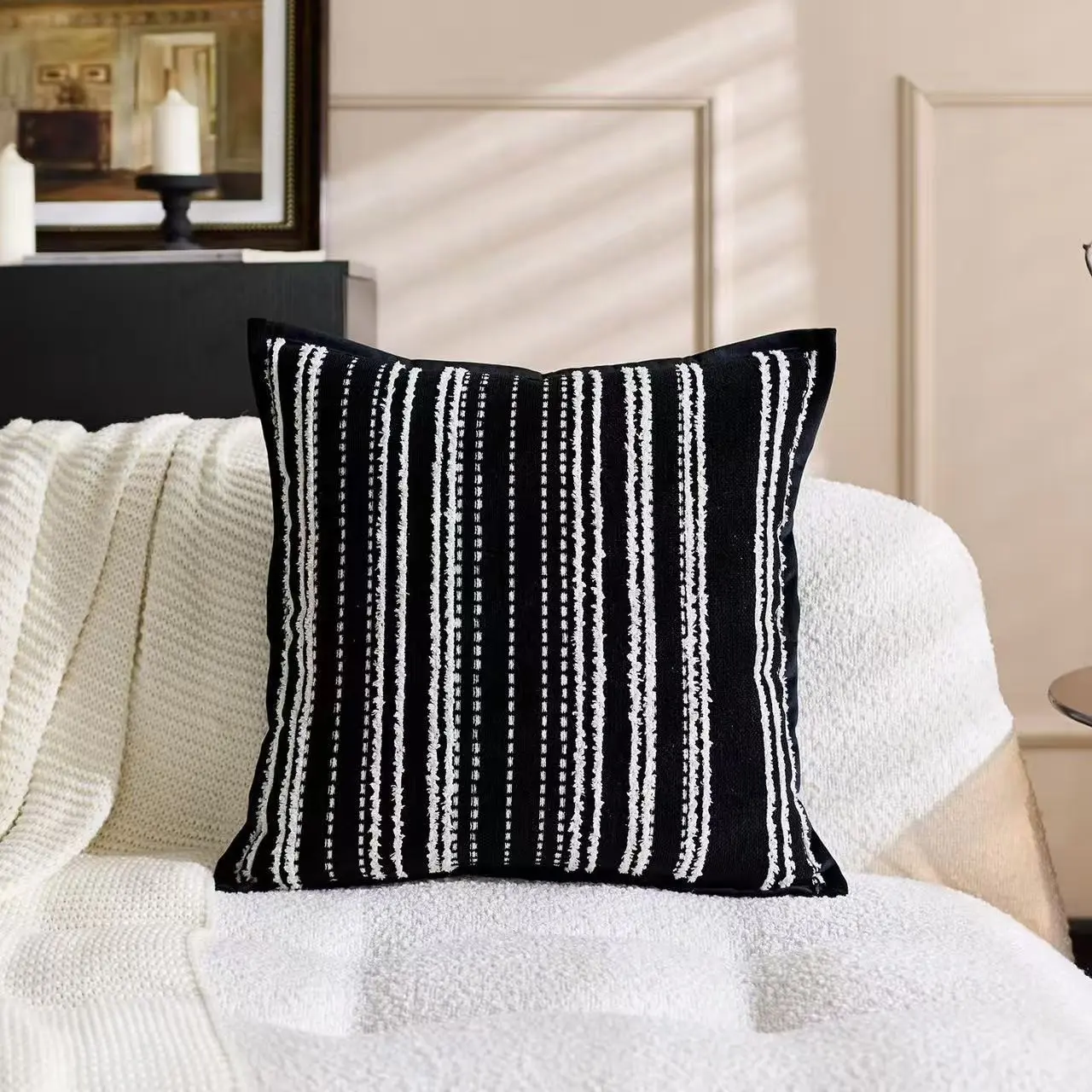 Modern Boho Throw Pillow Covers, Chenille Textured Trajectory Vertical Stripe Cushion Cases, Black White Geometric Decor Pillowcase for Sofa Bed Farmhouse, Pillow Inserts Are Not Included