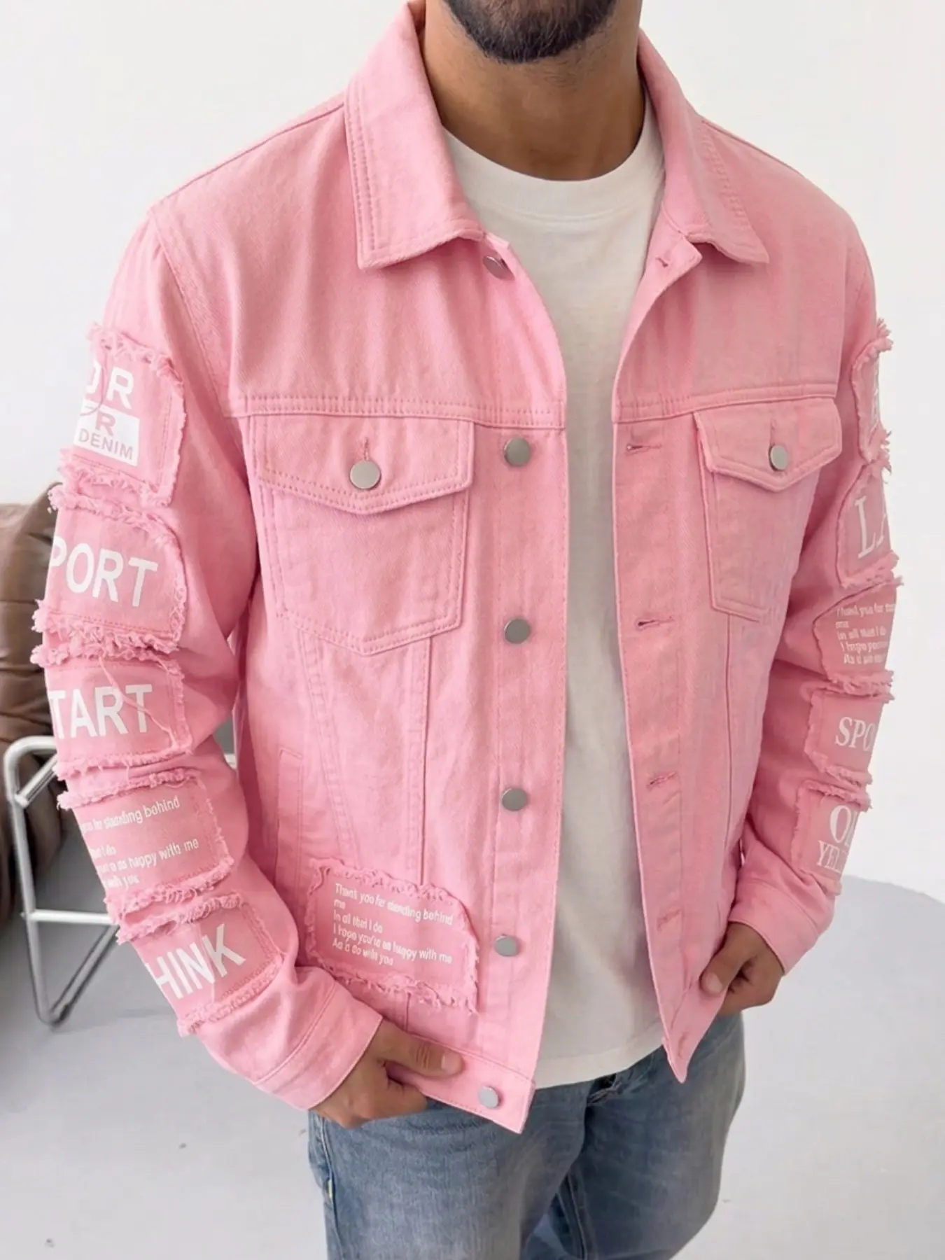 Men's Loose Fit Denim Jacket, Long Sleeve, Vintage Y2K Street Style, Washed Fabric, Letter Print, Cotton Material, Casual Outdoor Wear, Trendy Fashion Coat