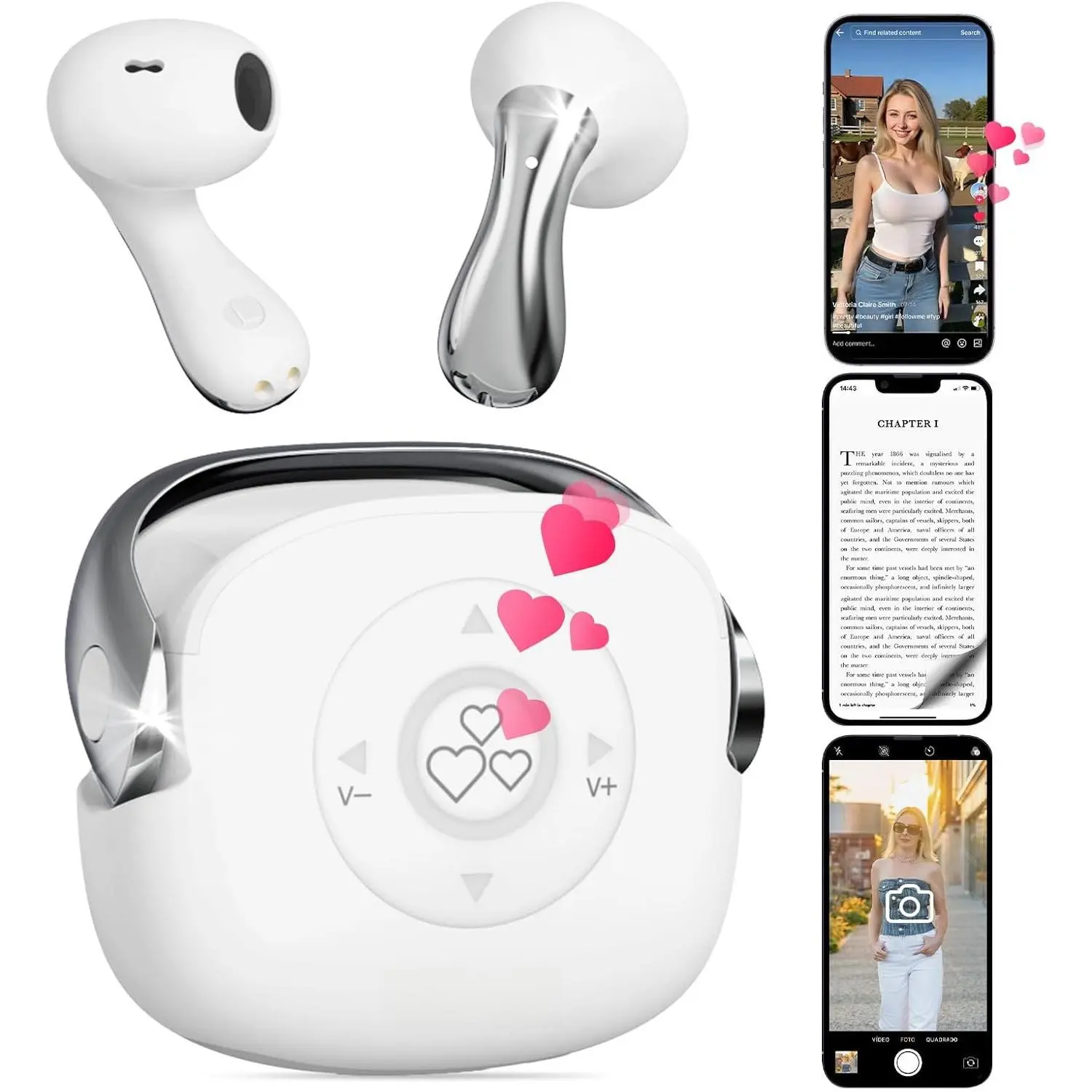 4-in-1 Scrolling Remote Control for  YouTube IG Short Videos with Earbuds  ,Page Turner for Kindle App,Camera Shutter Remote for |  | Android | iOS | iPad | Tablet | White