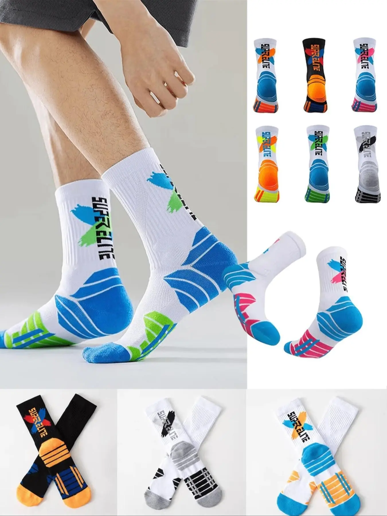 Men's Mid-Calf Sports Socks, Unisex Basketball Socks, Thick Knit Sole, Shock Absorbing, Breathable, All-Season, Marathon Running Socks