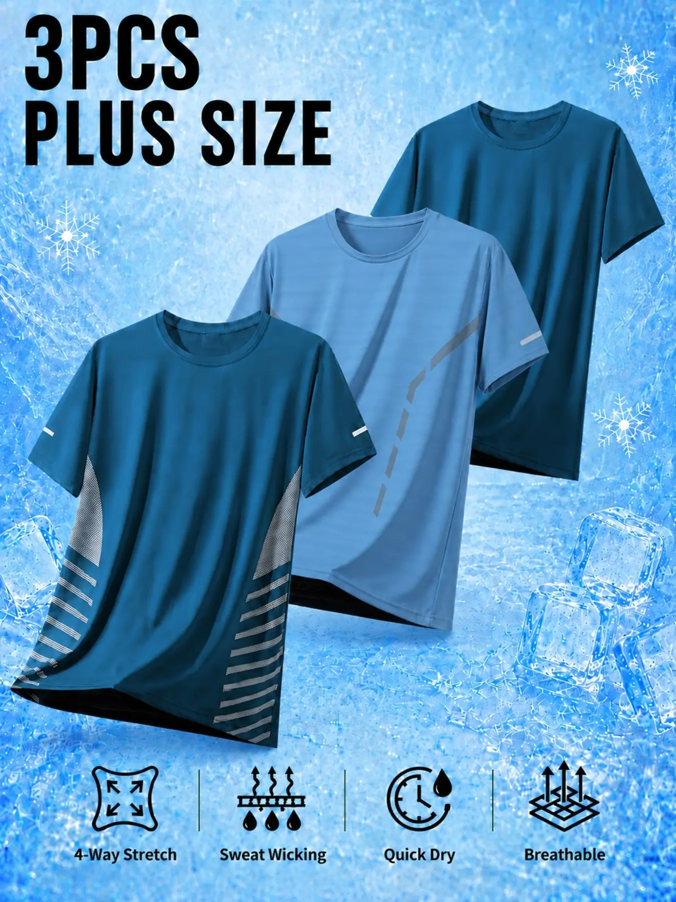3pcs Men's Plus Size Sporty Short Sleeve T-Shirts, Breathable & Moisture-Wicking, Ideal for Fitness, Running, Outdoor Activities