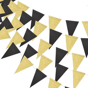 Triangle Flag Bunting Banner, 3 Pack 30   Style Pennant Banner for Wedding,  Shower, Event & Party Supplies 45 count Flags (Triangle Flag - Black  Glitter)