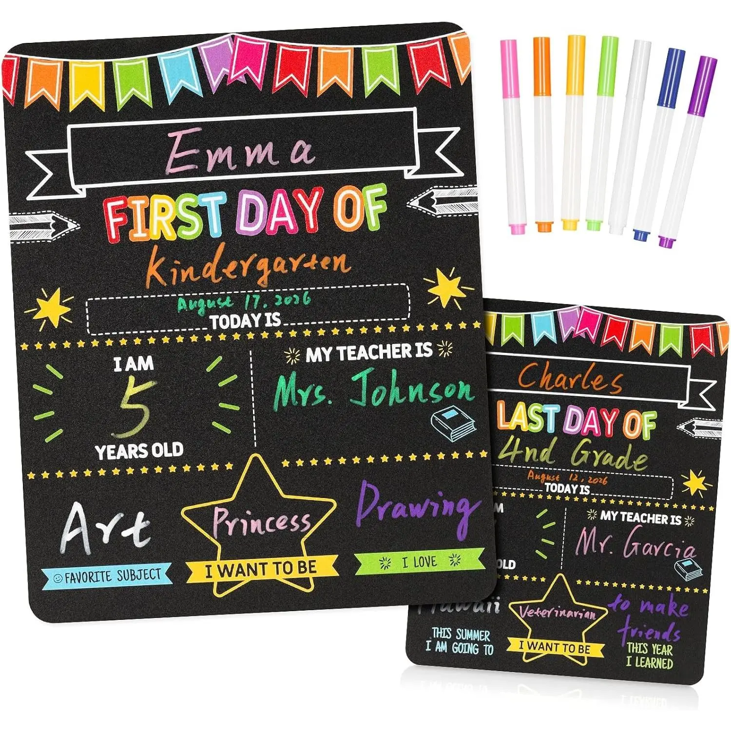First Day of School Sign 11x14 Inch Double-Sided Chalkboard Photo Prop Keepsake, Reusable Back to School Board with 7 Chalk Markers, Non-Glare, Kindergarten-12th Grade Kids Milestone Memory, Last Day of School
