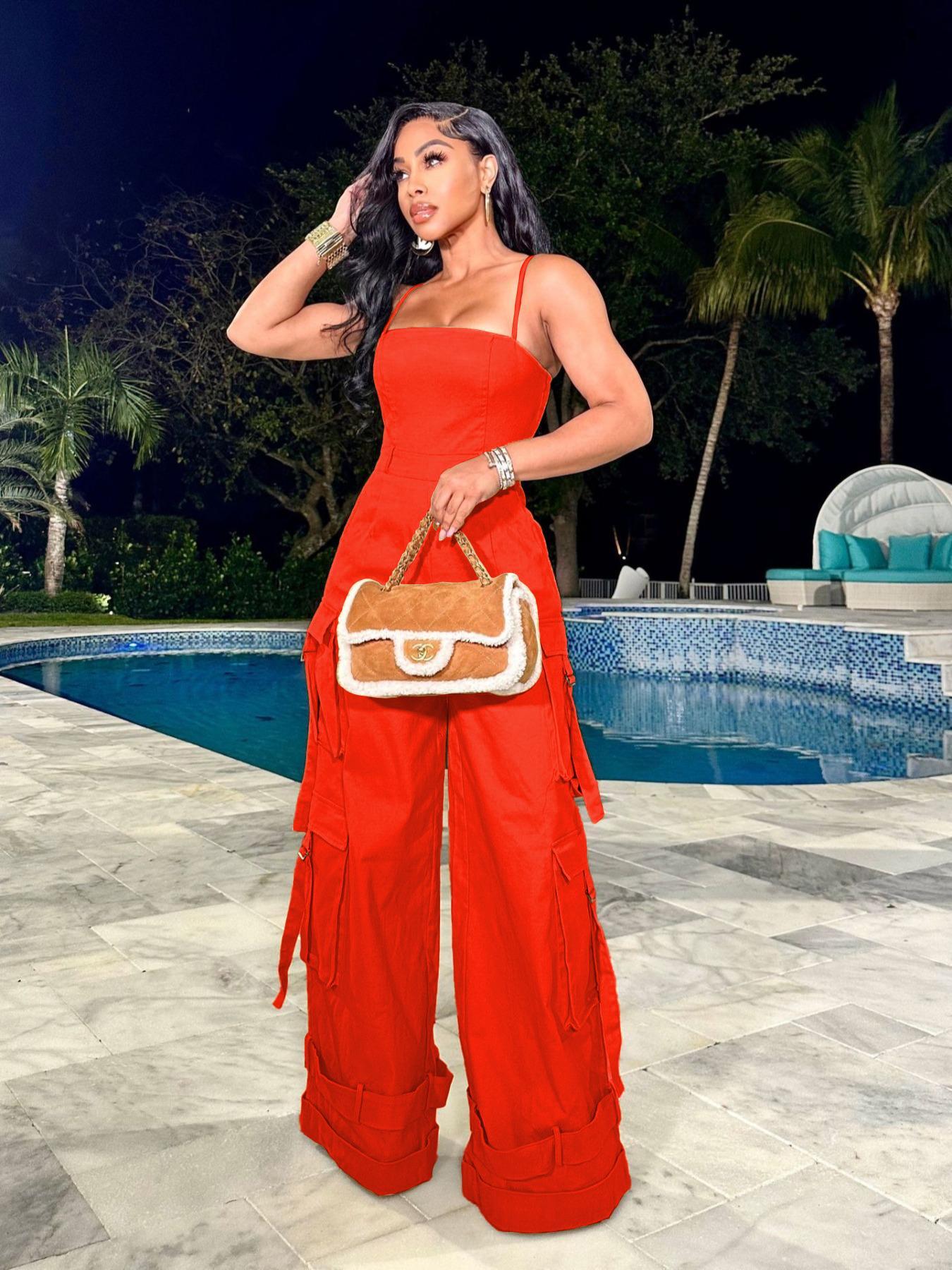 Women's Plain / All Over Print Multi-Pocket Wide Leg Cargo Jumpsuit, Casual Tape Decor Backless Spaghetti Strap Cami Sleeveless Jumpsuit, Ladies Clothes For Streetwear