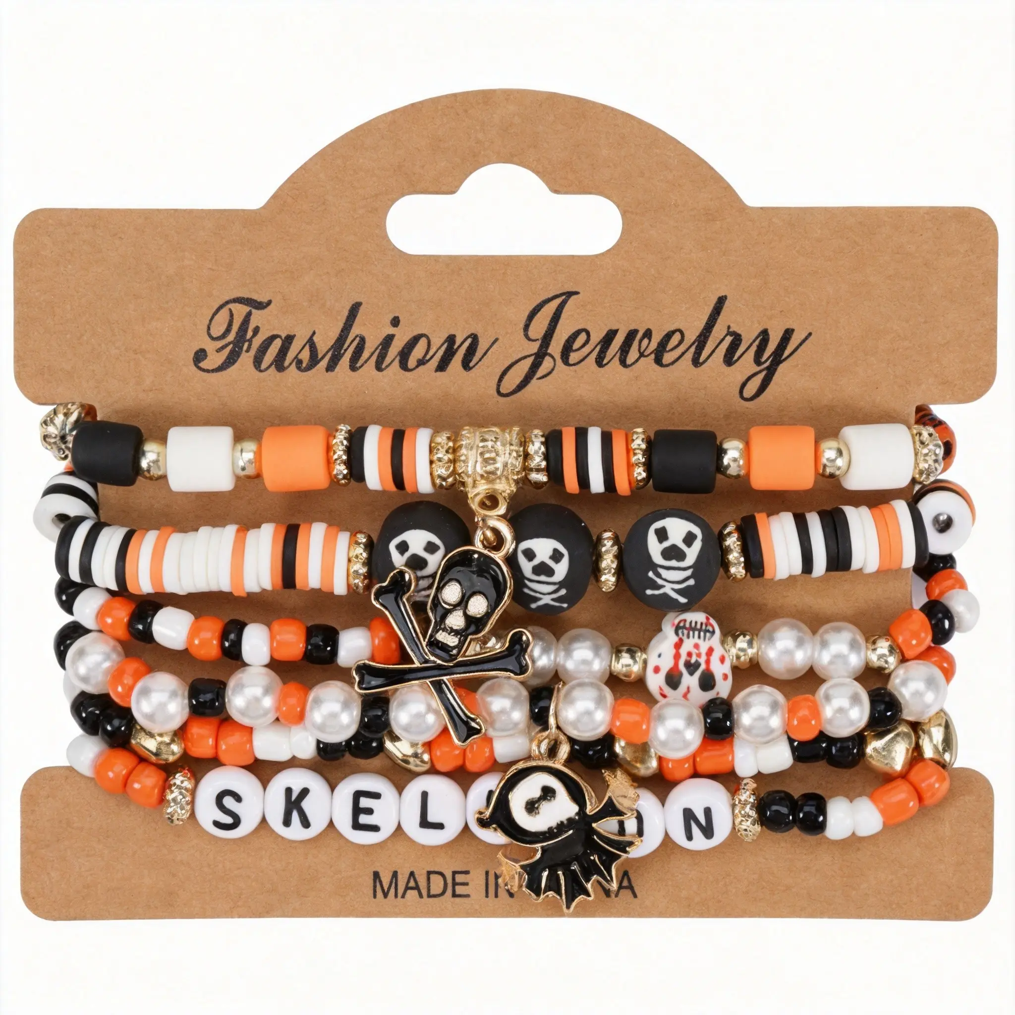 6 Pcs Halloween Skull Beaded Bracelet Set, Flat & Pearl Bead Design with Ghost & Flame Decor, Layered Style for Costume Events