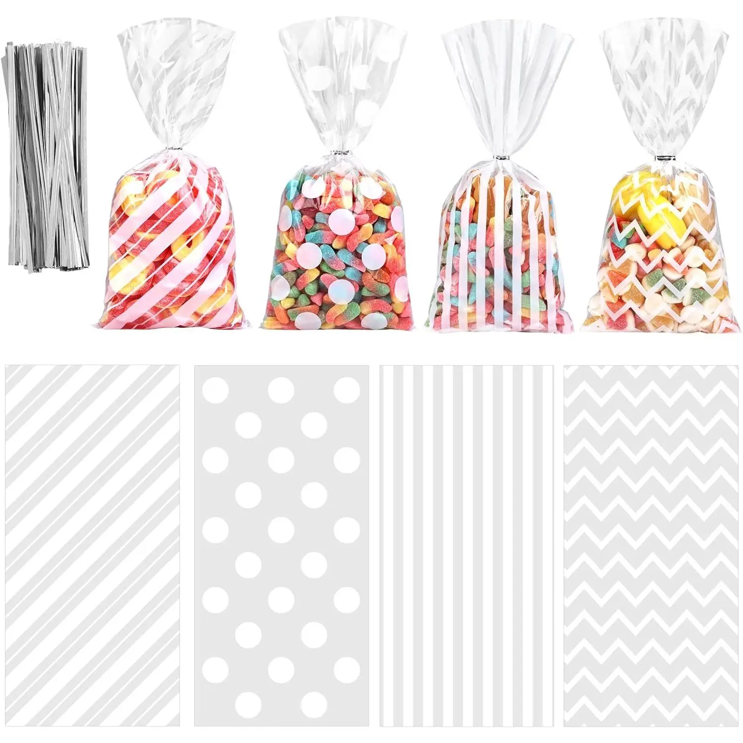 100 Pack White Cellophane Plastic 10.6 x 5.1 Inch Candy  Goodie with Twist Ties for Valentine, Birthday,  Cookie Snack Packing Party Favor Supplies