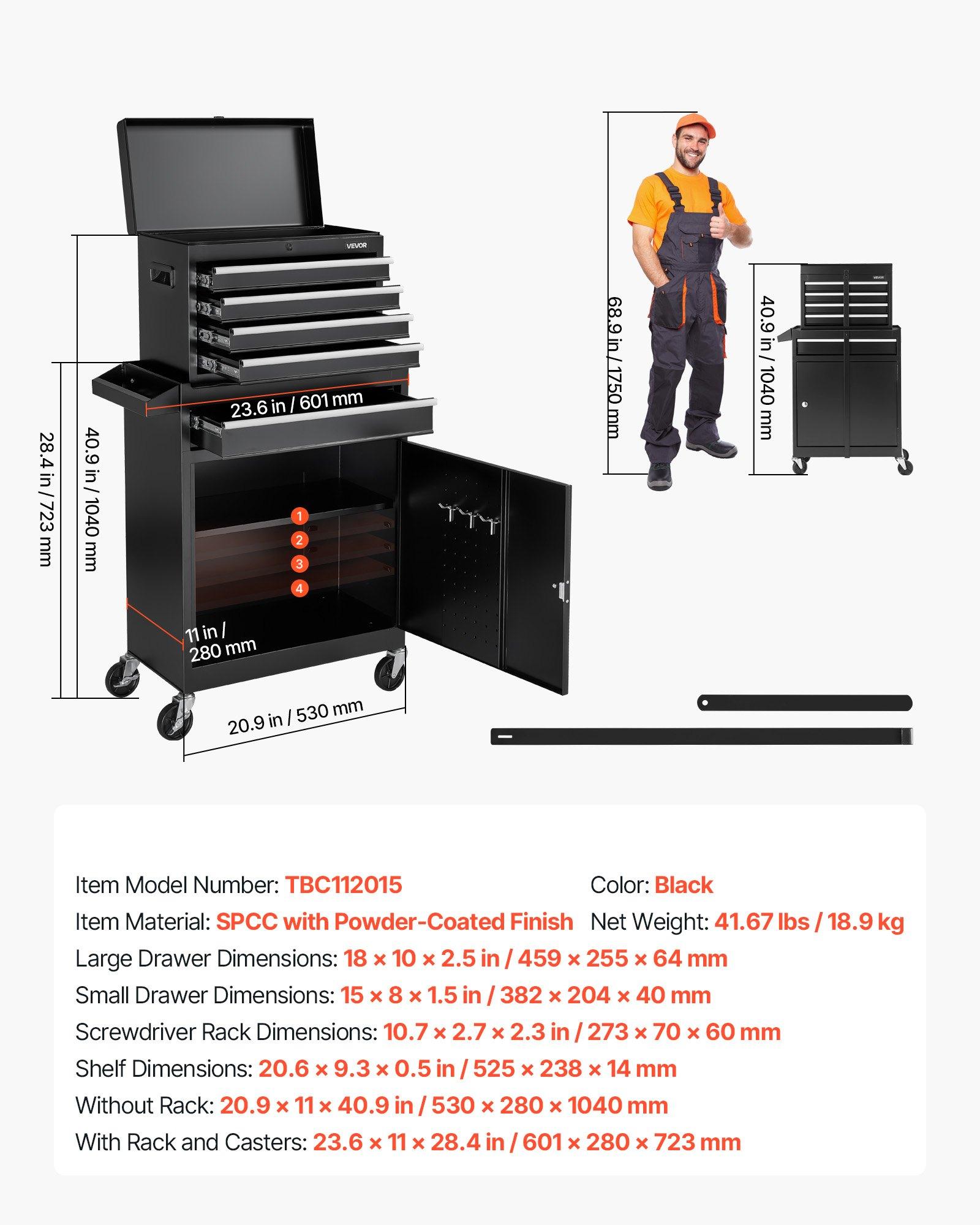 VEVOR Rolling Tool Chest, 2-in-1 Design, 5 Drawers Tool Cabinet Organizer with Detachable Top Metal Toolbox, Lock Bar, Protective Liner, and Tools Rack, Garage Storage Cabinet for Warehouse, Workshop VEVOR Rolling Tool Chest, 2-in-1 Design, 5 Drawers Tool Cabinet Organizer with Detachable Top Metal Toolbox, Lock Bar, Protective Liner, and Tools Rack, Garage Storage Cabinet for Warehouse, Workshop