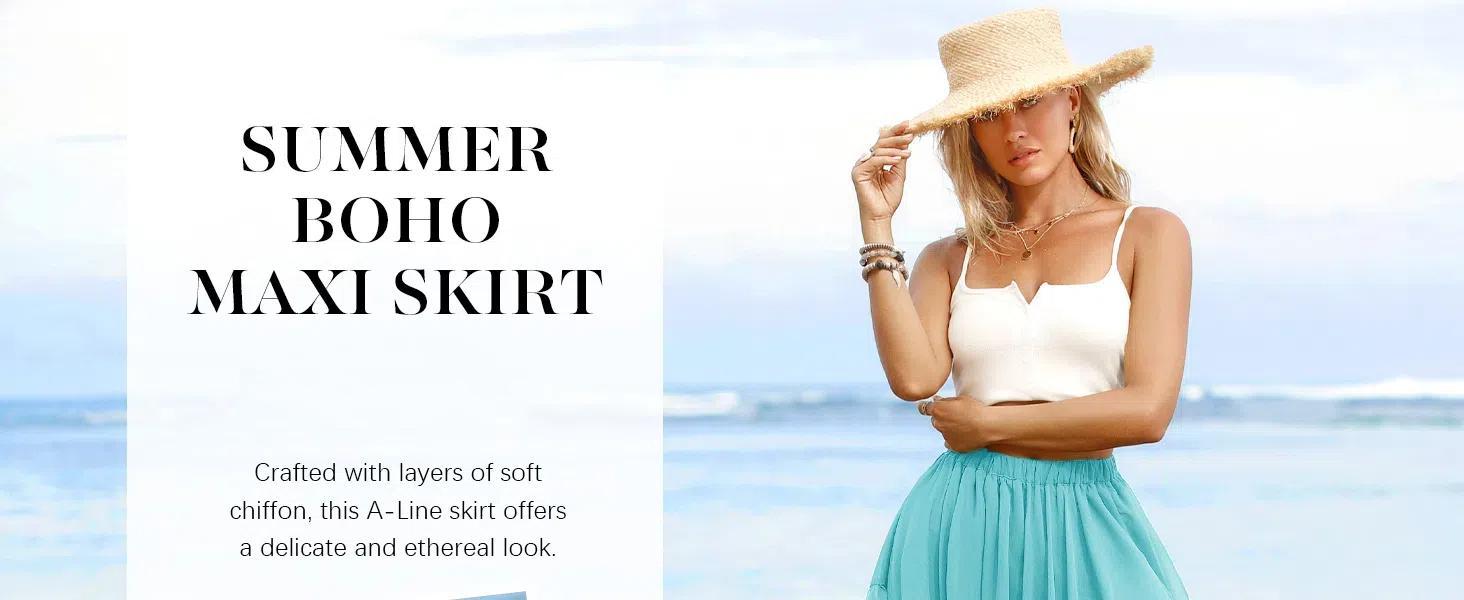 Imily Bela Womens Summer Sexy Elegant Boho Maxi Skirt Casual Asymmetric Hem Flowy Bohemia Vacation Beach Long Skirts