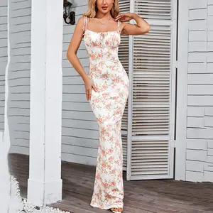 Women's Casual Printed Pattern Dress - Pleated Design, Open Back, Tie-Up, Long-Tight Fitting, Fishtail Skirt