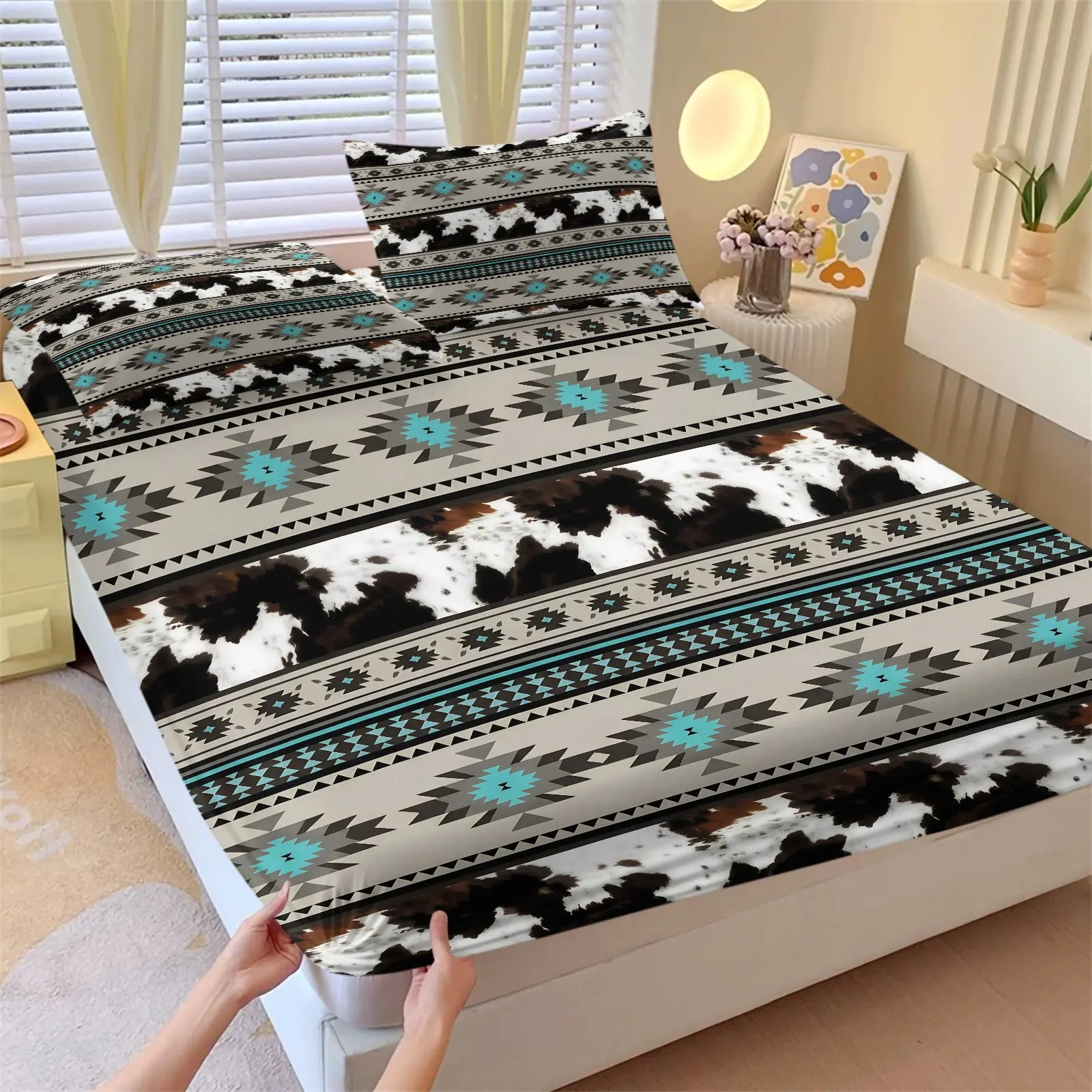 Western Aztec Cow Print Fitted Sheet Set with 2 Pillowcases, Southwestern Turquoise Geometric Deep Pocket Elastic Mattress Cover, Boho Cowhide Tribal Bedding, Soft Microfiber Non-slip Bedspread for Bedroom Decor Bedset Bedsheet Set