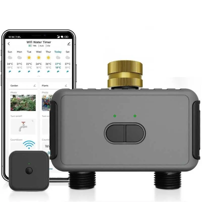 WiFi Soft Hose Timer with Brass Inlet, Dual Zone Sprinkler Irrigation Timer, Smart Garden Watering Controller, Easy Setup & Use