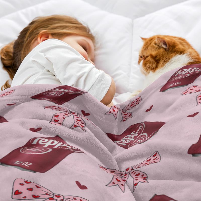 Dr Pepper Original Flavor Pink Bows with Red Hearts Flat Velvet Blanket Soft Office Bedding Blanket PlushThin Quilt Holiday Gift cozy  soft fluffy