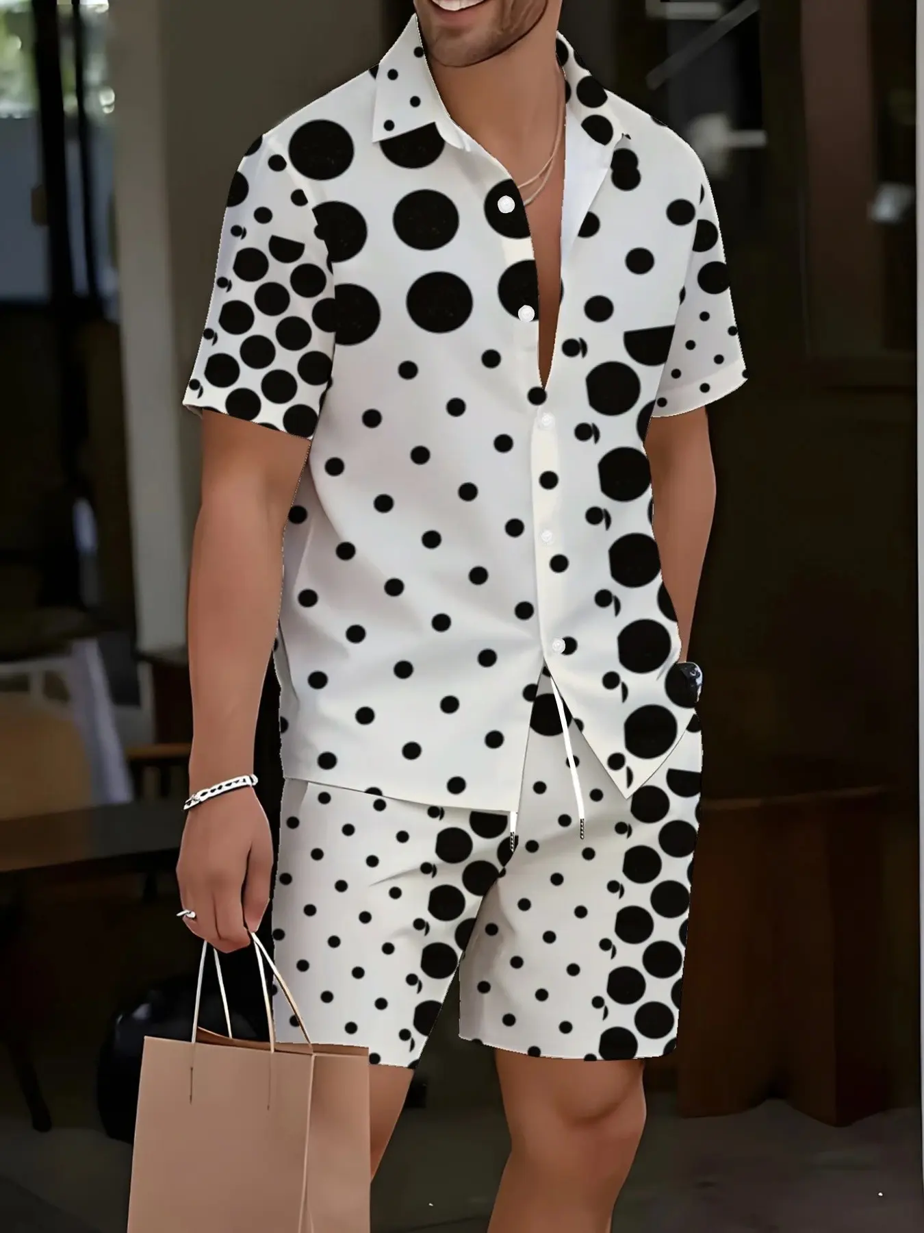 Men Sublimation 2 Piece Matching Outfit Multi-Size Polka Dot All Over Print Short Sleeve Button Down Lapel Shirt Elastic Drawstring Shorts Loose Casual Hawaiian Beach Suit For Minimalist Summer Resort Daily Travel Wear