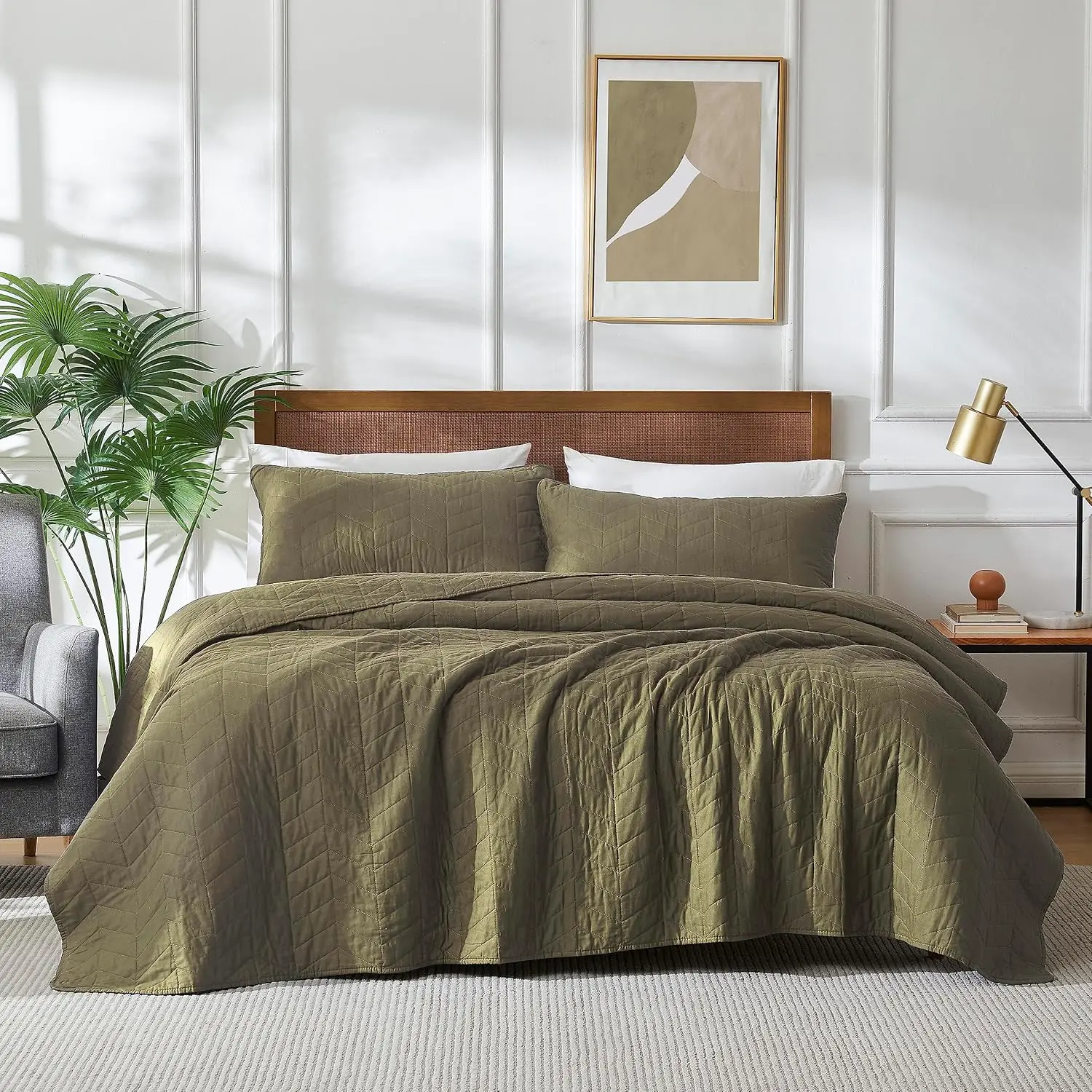 Green Cotton Quilt Twin Size Bedding Sets with Pillow Shams, Olive Lightweight Soft Bedspread Coverlet, Sage Quilted Comforter Bed Cover for All Season, 2 Pieces, 68x86 inches