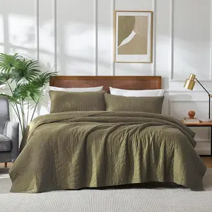 Green Cotton Quilt Twin Size Bedding Sets with Pillow Shams, Olive Lightweight Soft Bedspread Coverlet, Sage Quilted Comforter Bed Cover for All Season, 2 Pieces, 68x86 inches