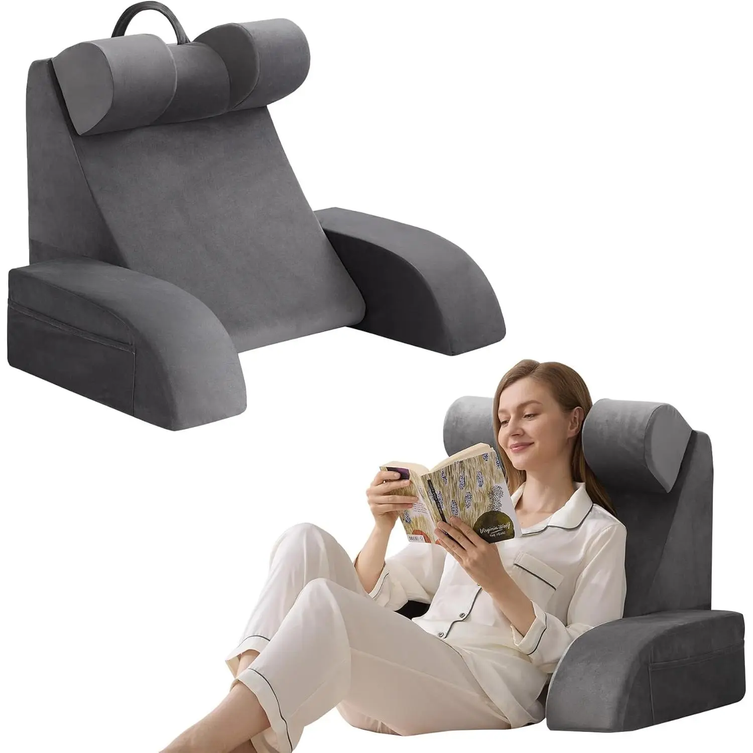 Reading Pillow for Sitting in Bed Adult, Back Pillow for Bed Sitting up, Backrest Pillow with Arms, Back Pillows for Gaming Lounging Watching TV, Medium 19" Grey